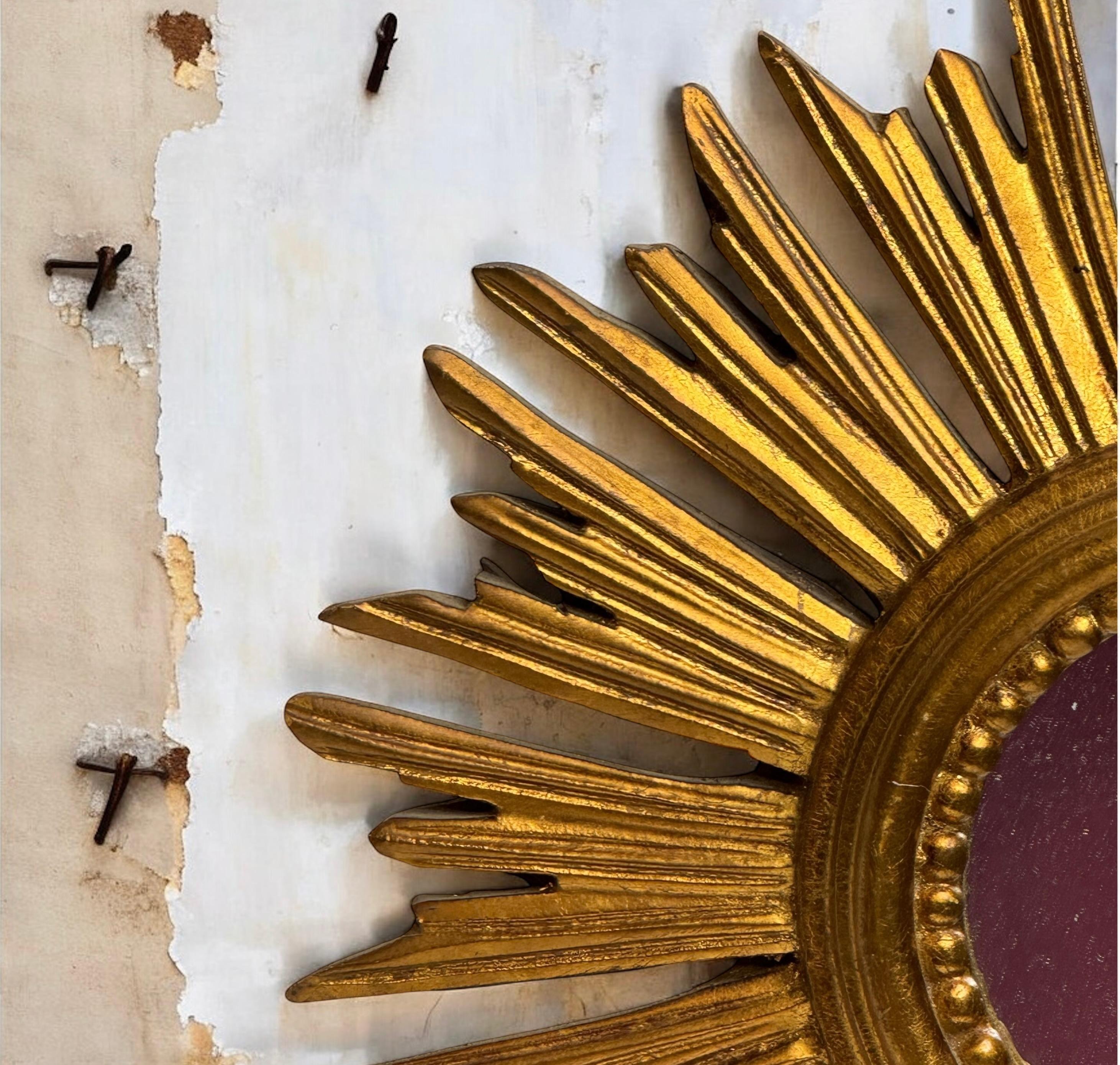 Petite Starburst Sunburst Gilded Wood Mirror, Germany circa 1950s For Sale 3