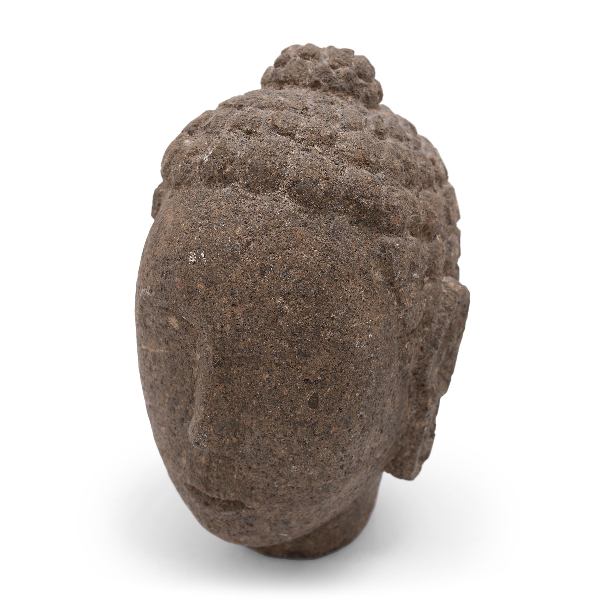 Petite Stone Shakyamuni Buddha Head In Good Condition In Chicago, IL