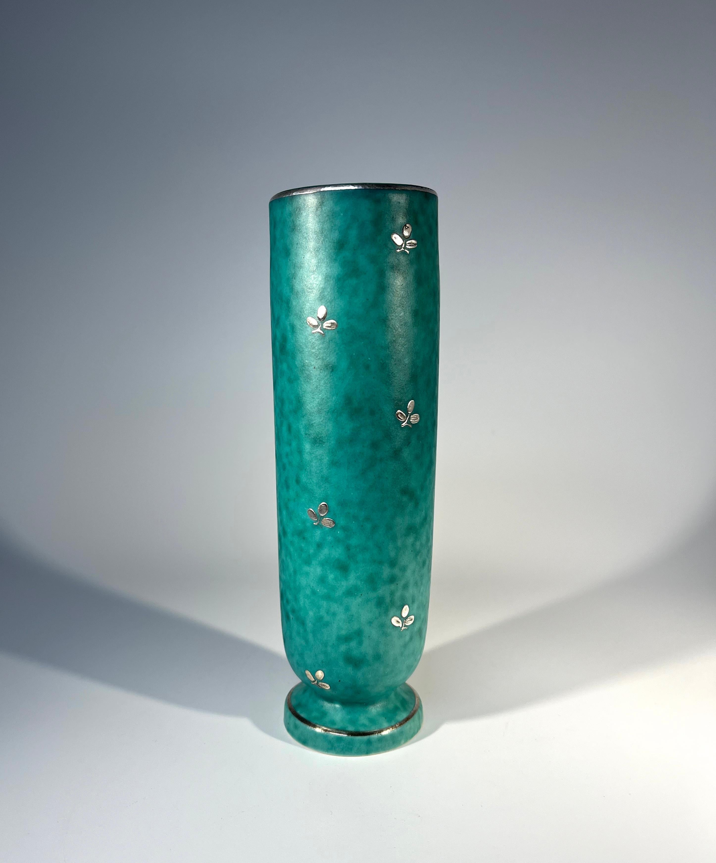 Art Deco Petite Stoneware Vase, Applied Silver, Wilhelm Kage, Argenta, Gustavsberg #1029 For Sale