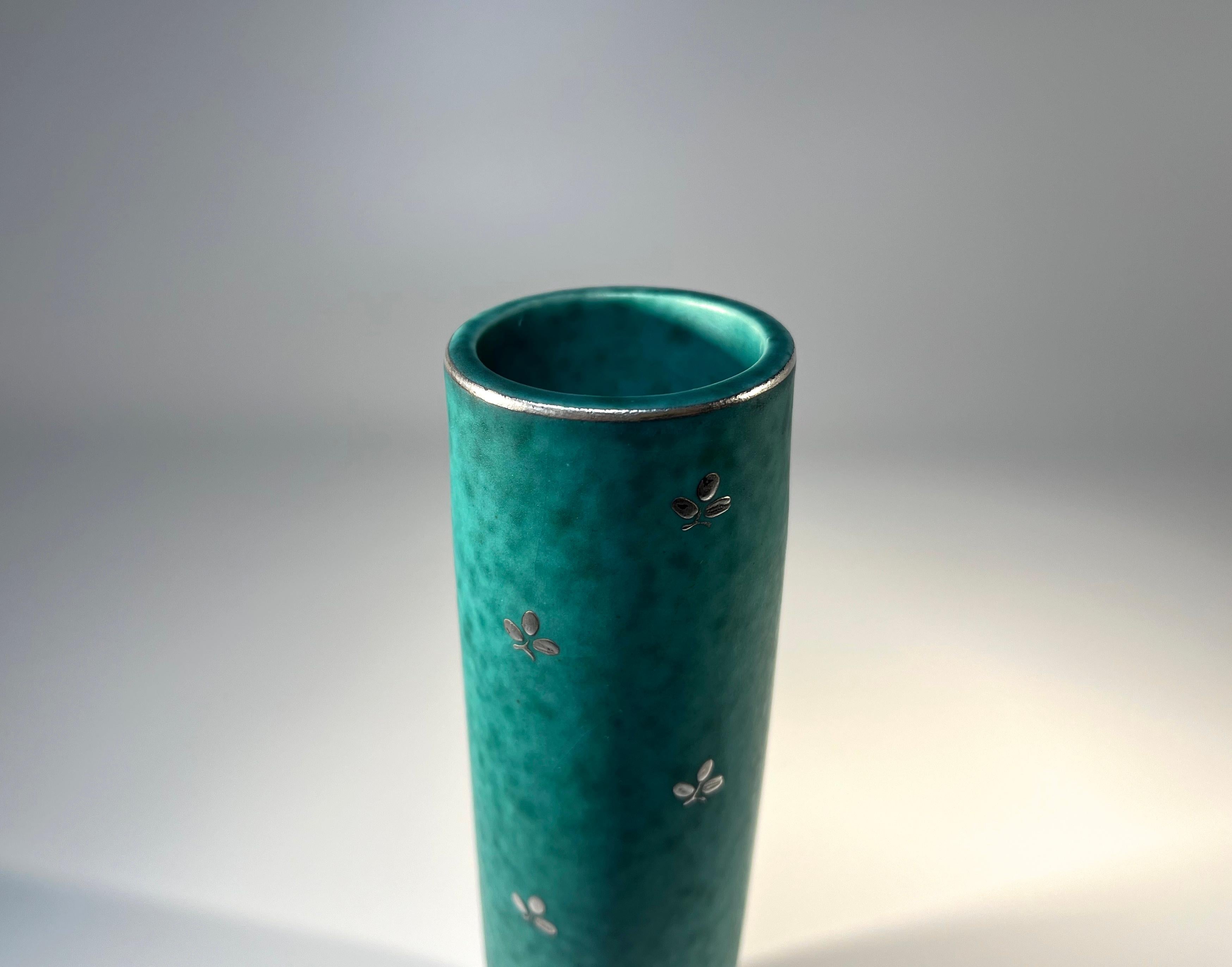 Swedish Petite Stoneware Vase, Applied Silver, Wilhelm Kage, Argenta, Gustavsberg #1029 For Sale
