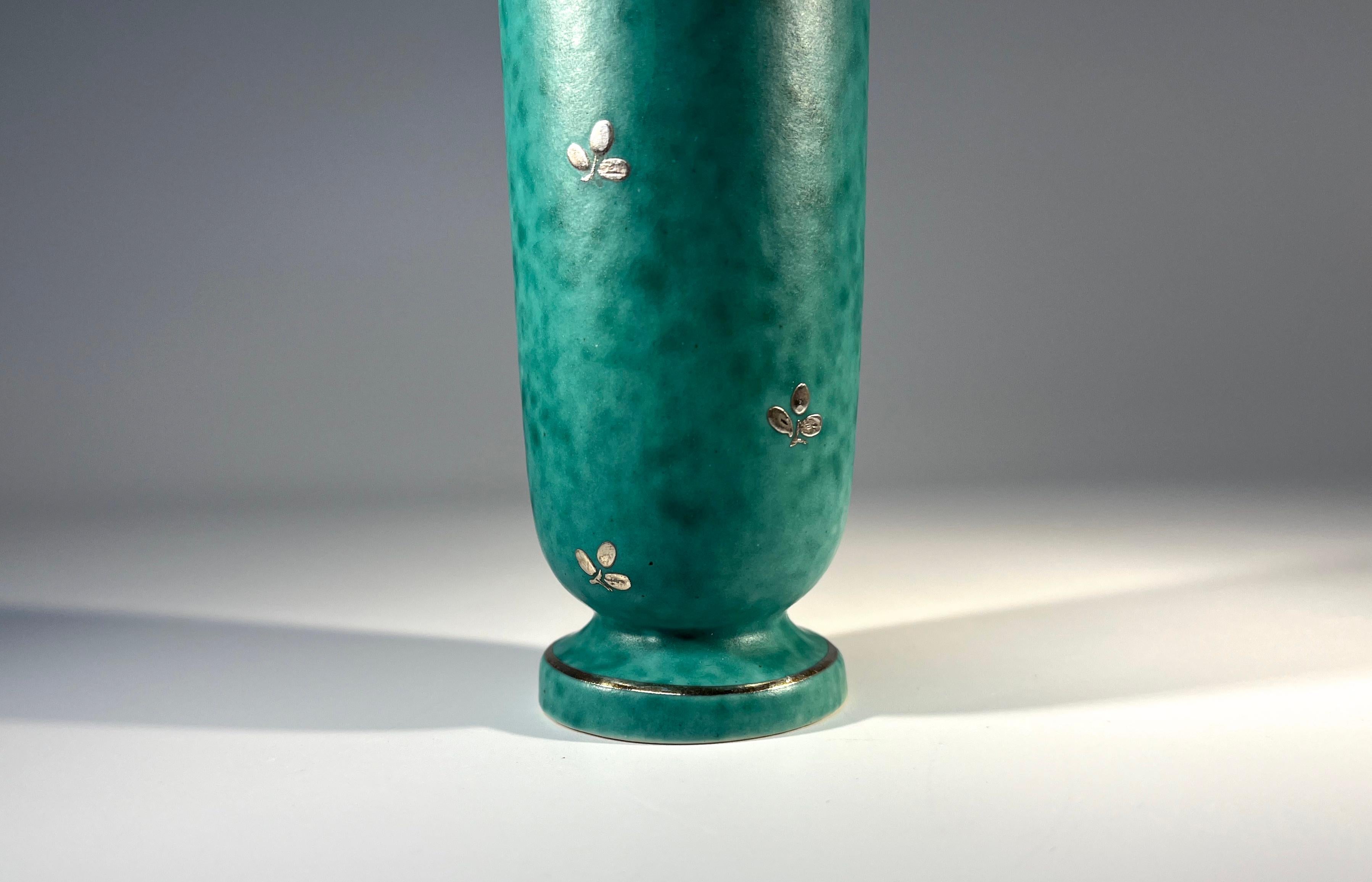 Glazed Petite Stoneware Vase, Applied Silver, Wilhelm Kage, Argenta, Gustavsberg #1029 For Sale