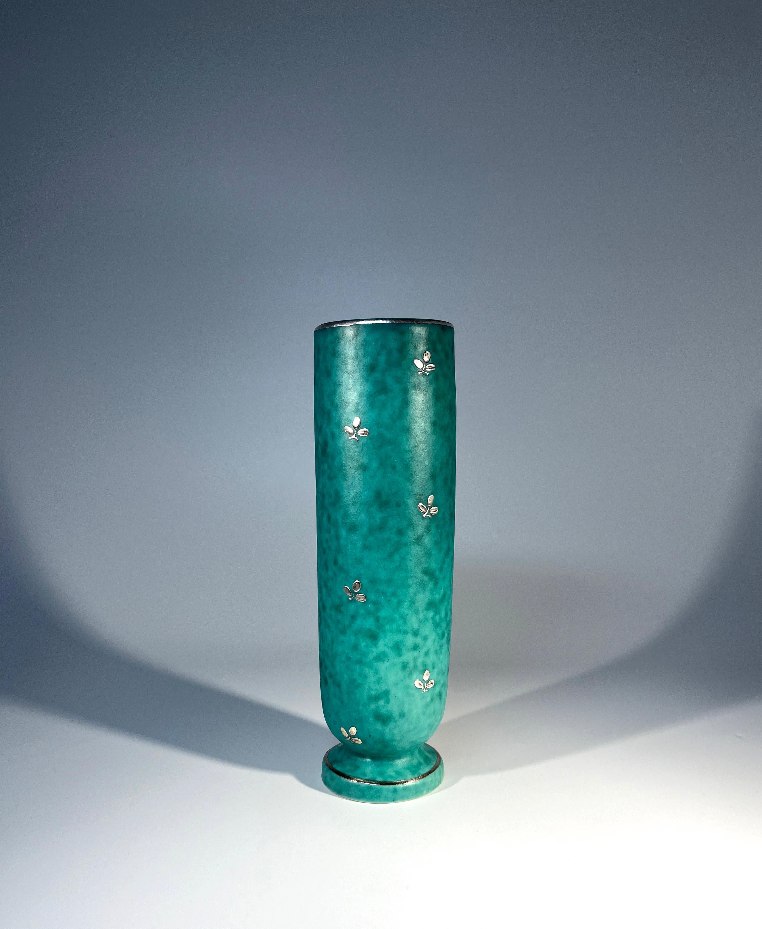 20th Century Petite Stoneware Vase, Applied Silver, Wilhelm Kage, Argenta, Gustavsberg #1029 For Sale