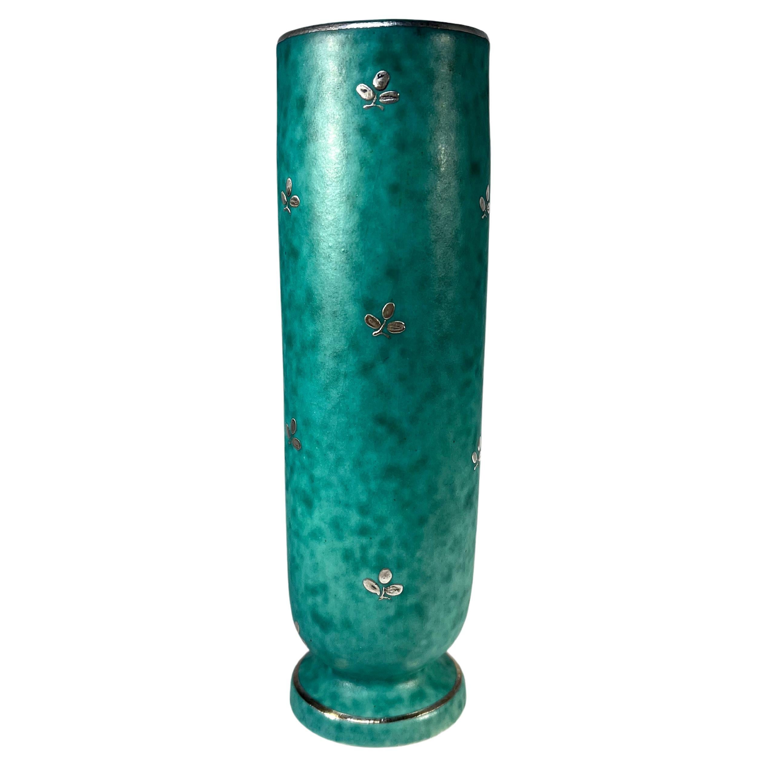 Petite Stoneware Vase, Applied Silver, Wilhelm Kage, Argenta, Gustavsberg #1029 For Sale