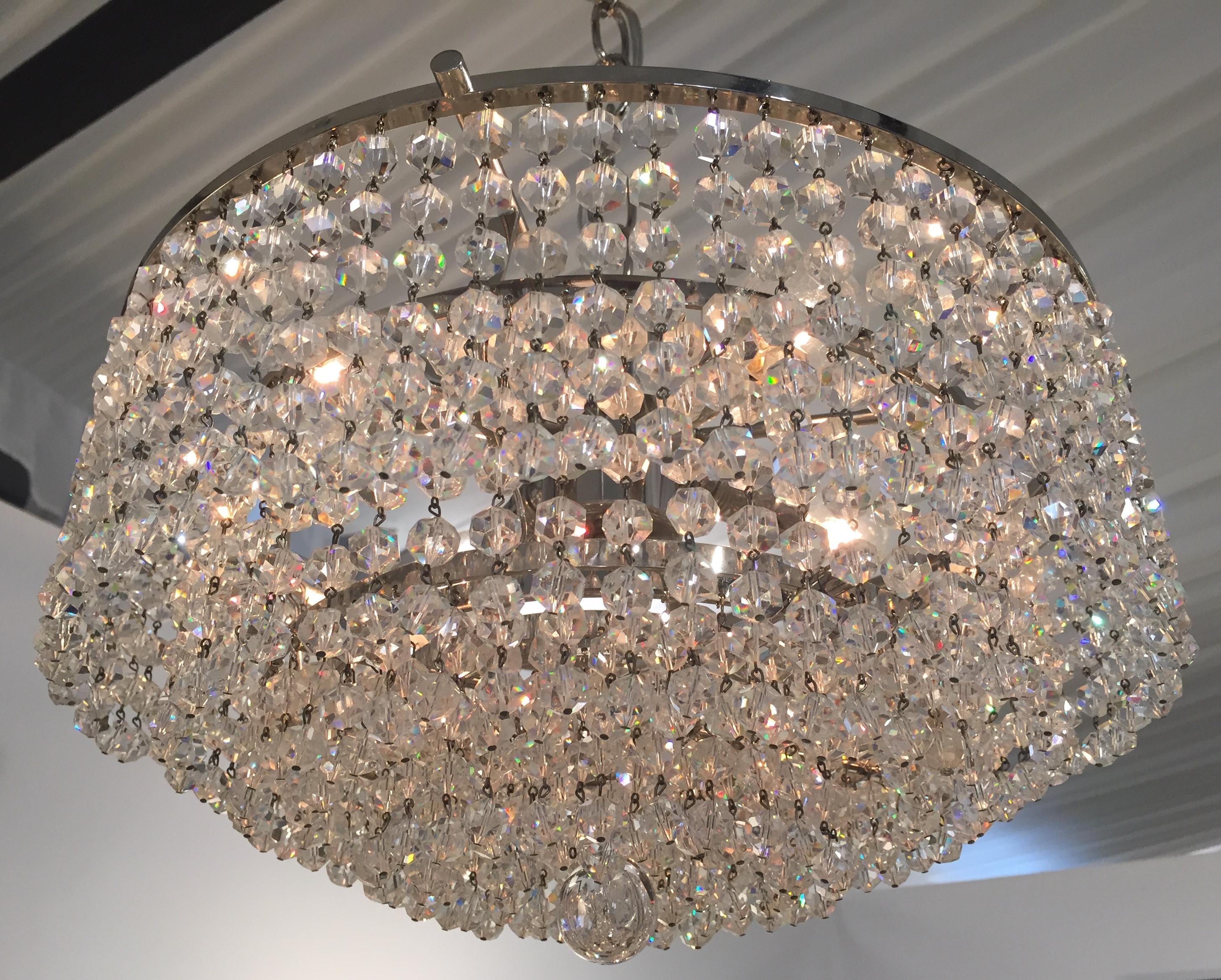 Petite Austrian crystal Strauss chandelier, waterfall design, with nickel finish, and original cap, can be flush mounted also.