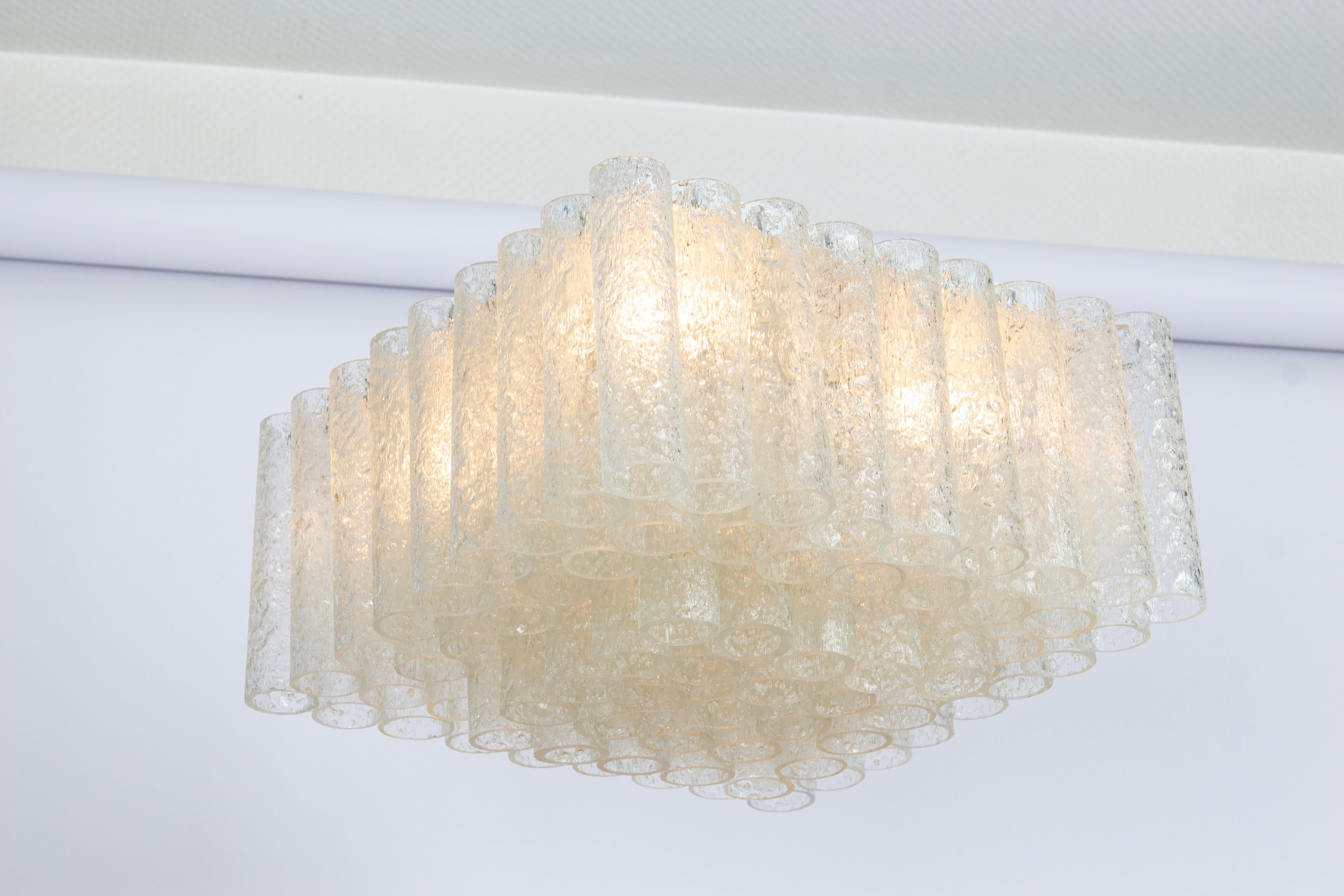 Metal Petite Stunning Murano Ice Glass Tubes Flush Mount by Doria Germany, 1960s For Sale