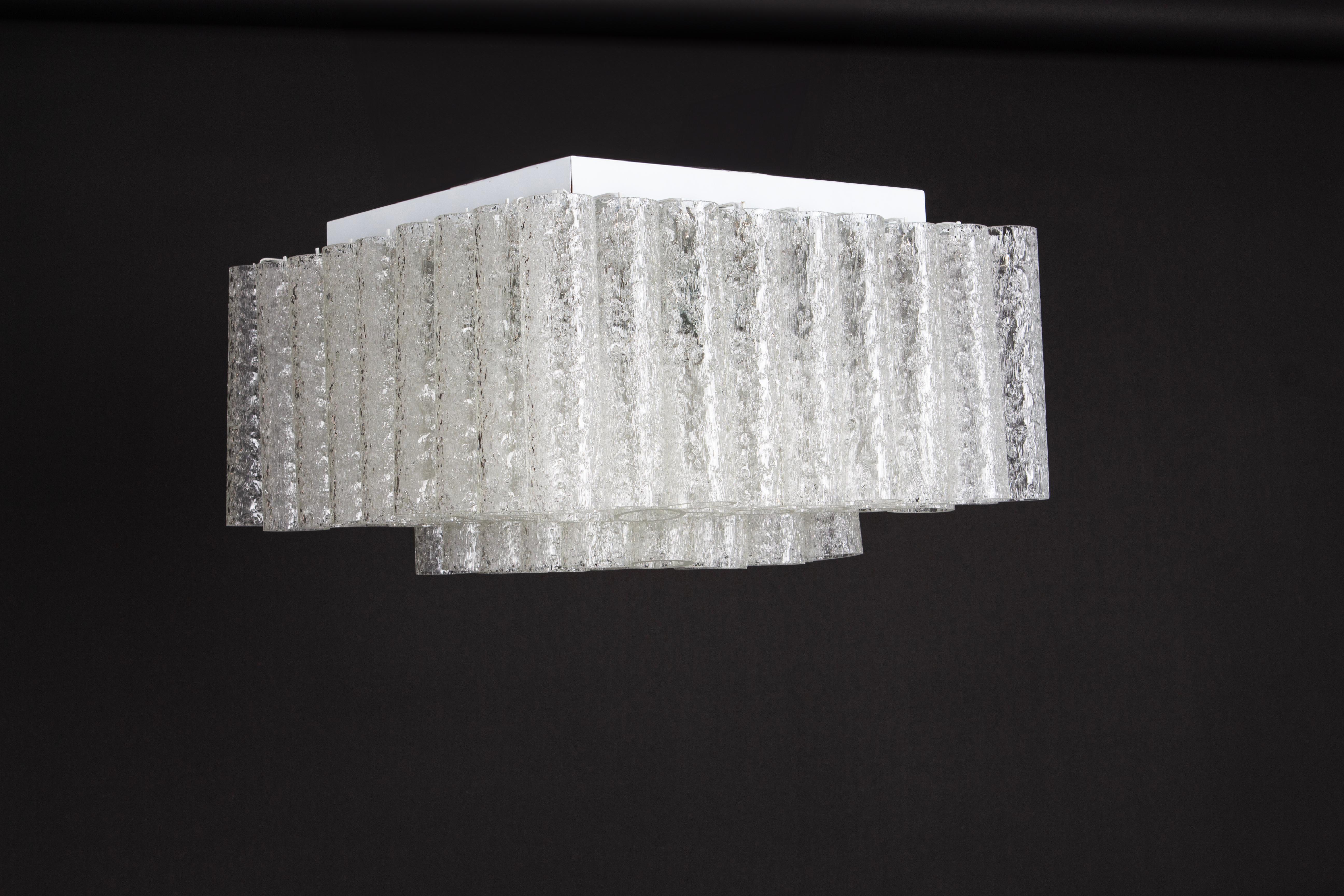 Petite Stunning Murano Ice Glass Tubes Flush Mount by Doria Germany, 1960s For Sale 2
