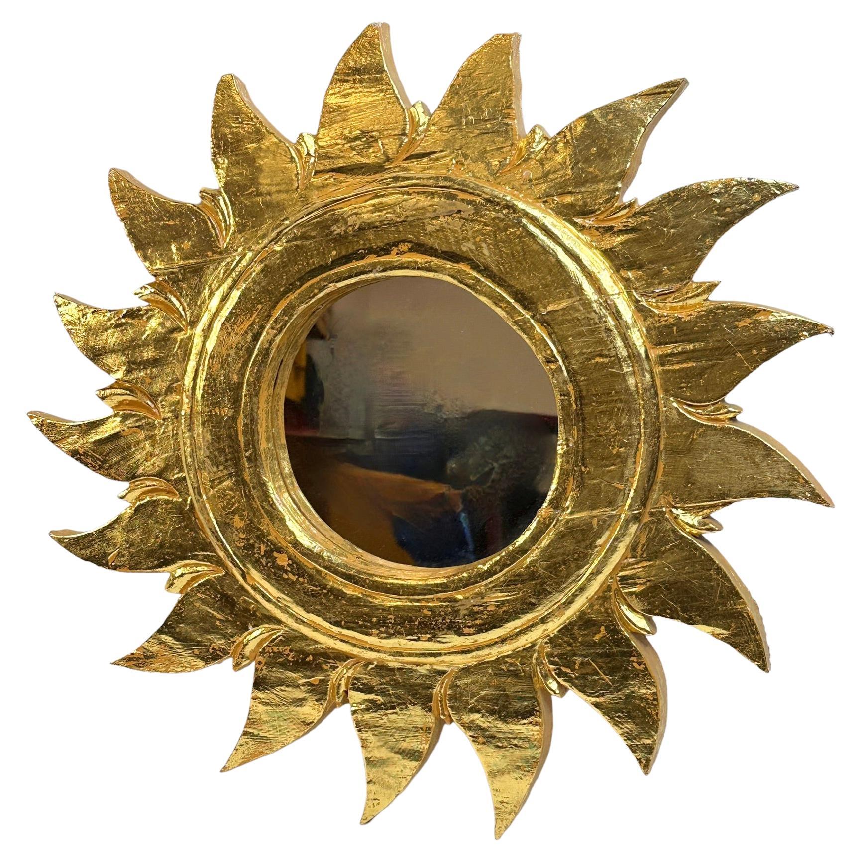 Hollywood Regency Petite Sun Shaped Gilded Wood Mirror, Germany circa 1980s For Sale