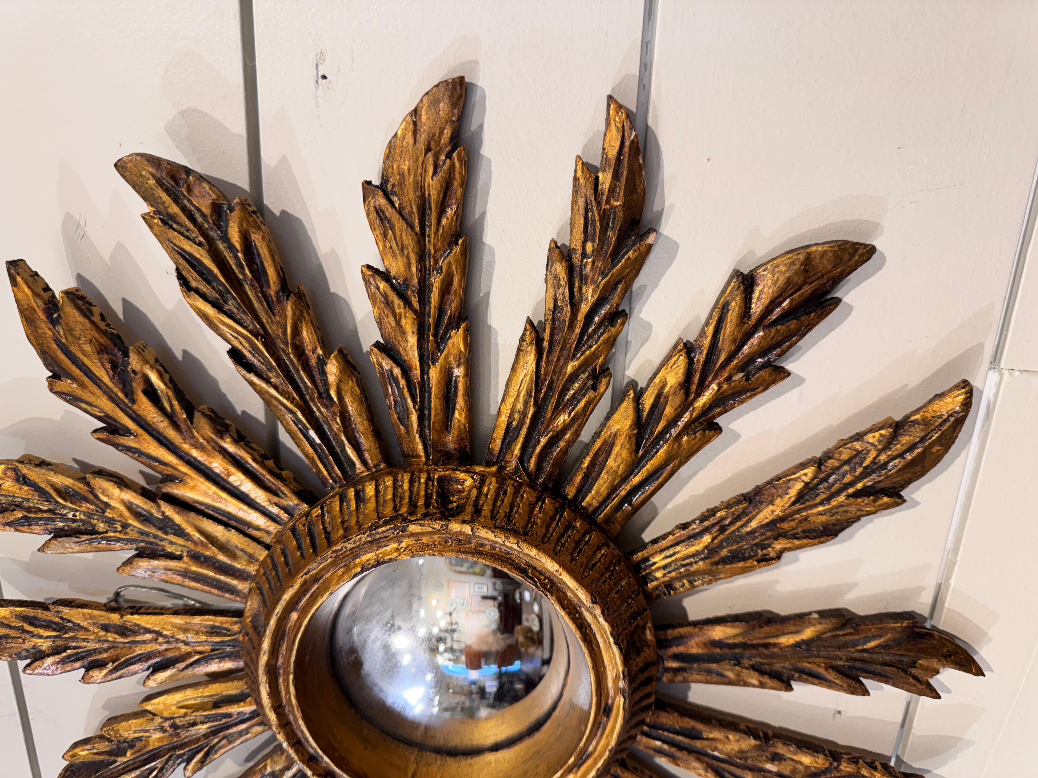 French Petite Sunburst Convex Mirror For Sale