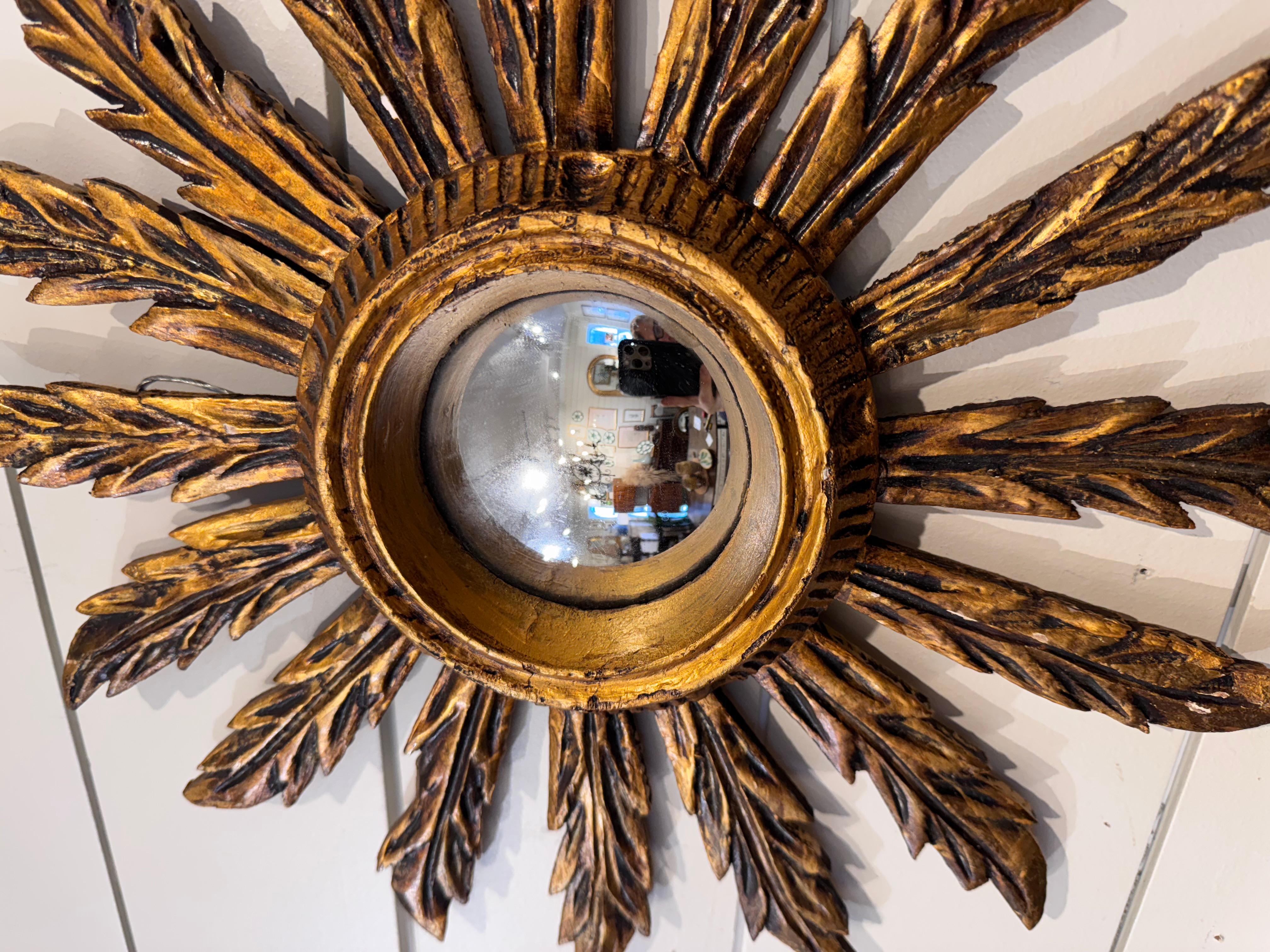 Mid-20th Century Petite Sunburst Convex Mirror For Sale