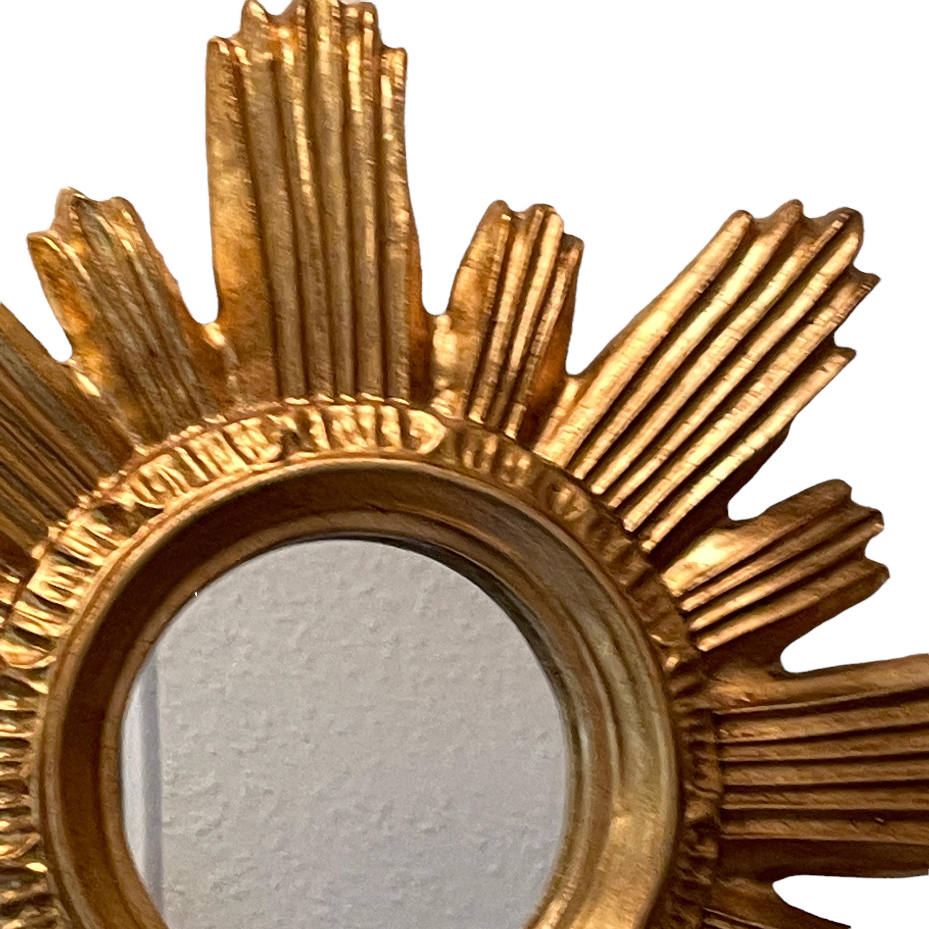 Petite Sunburst Starburst Mirror Wood Stucco, French, France, circa 1960s In Good Condition In Nuernberg, DE