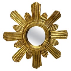 Petite Sunburst Starburst Mirror Wood Stucco, Italy, circa 1950s