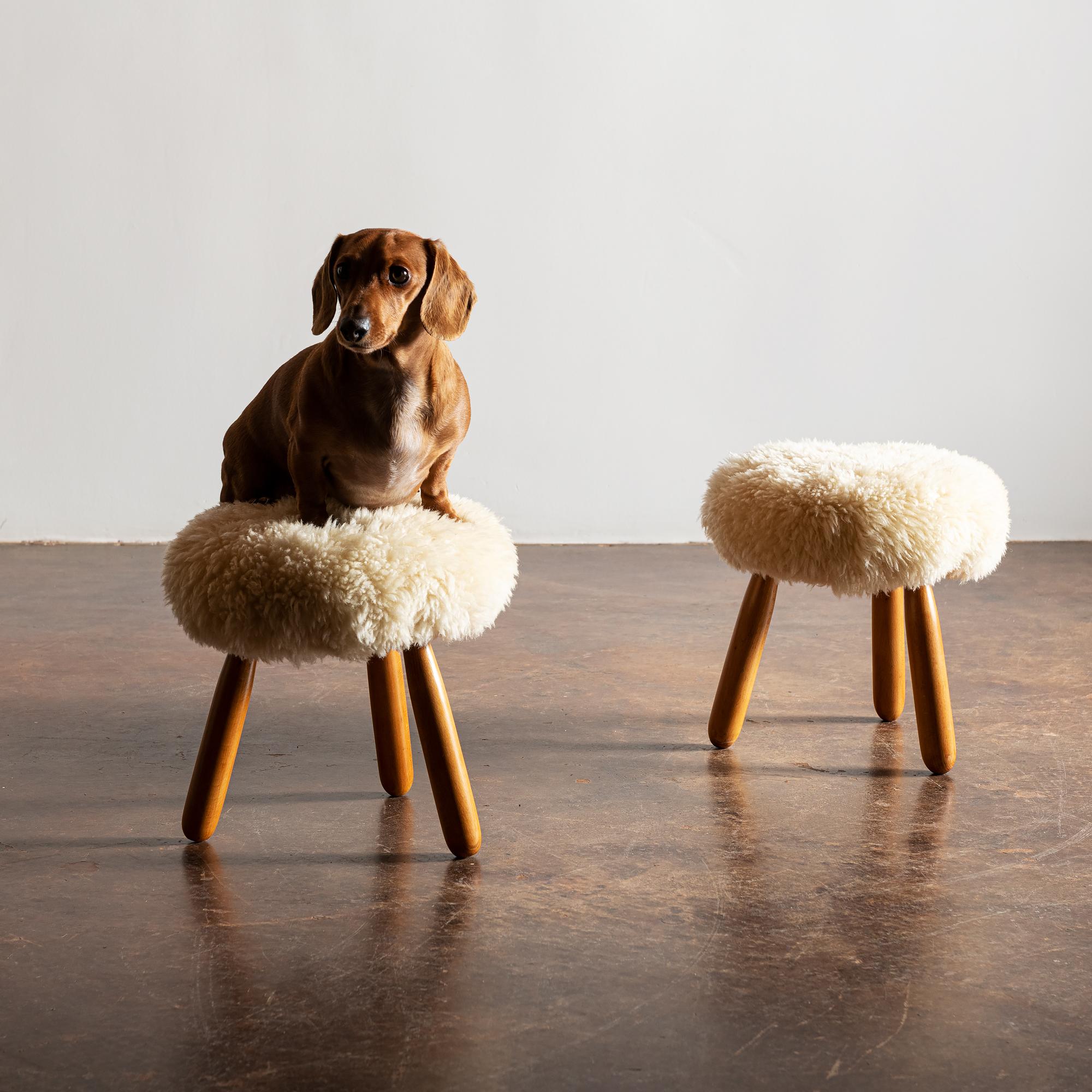 Petite Swedish stools in beech and sheepskin, 1960s. Price is for a single stool. Two currently available.
