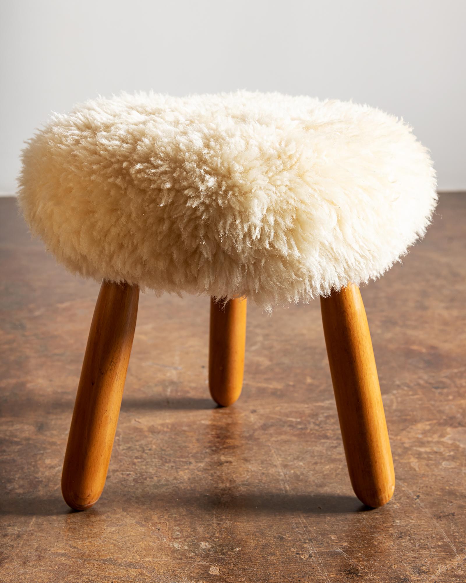 Petite Swedish Stools in Beech and Sheepskin, 1960s In Good Condition In Sylacauga, AL