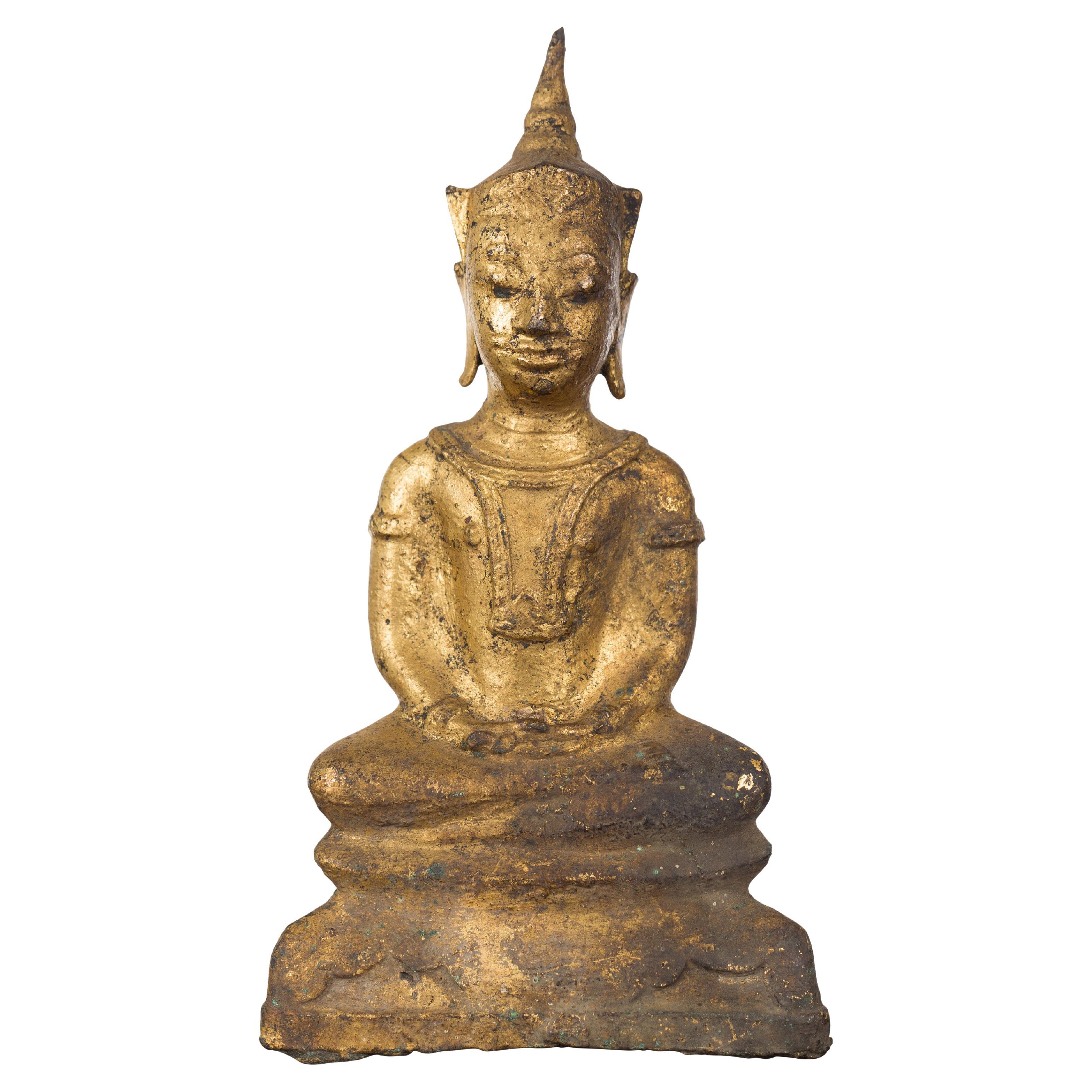 Petite Thai Bangkok Period Gilt Bronze Seated Dhyana Mudra Buddha Sculpture