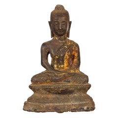 Thailändische Rattanakosin-Kingdom Dhyana Mudra-Buddha-Skulptur mit vergoldeten Akzenten