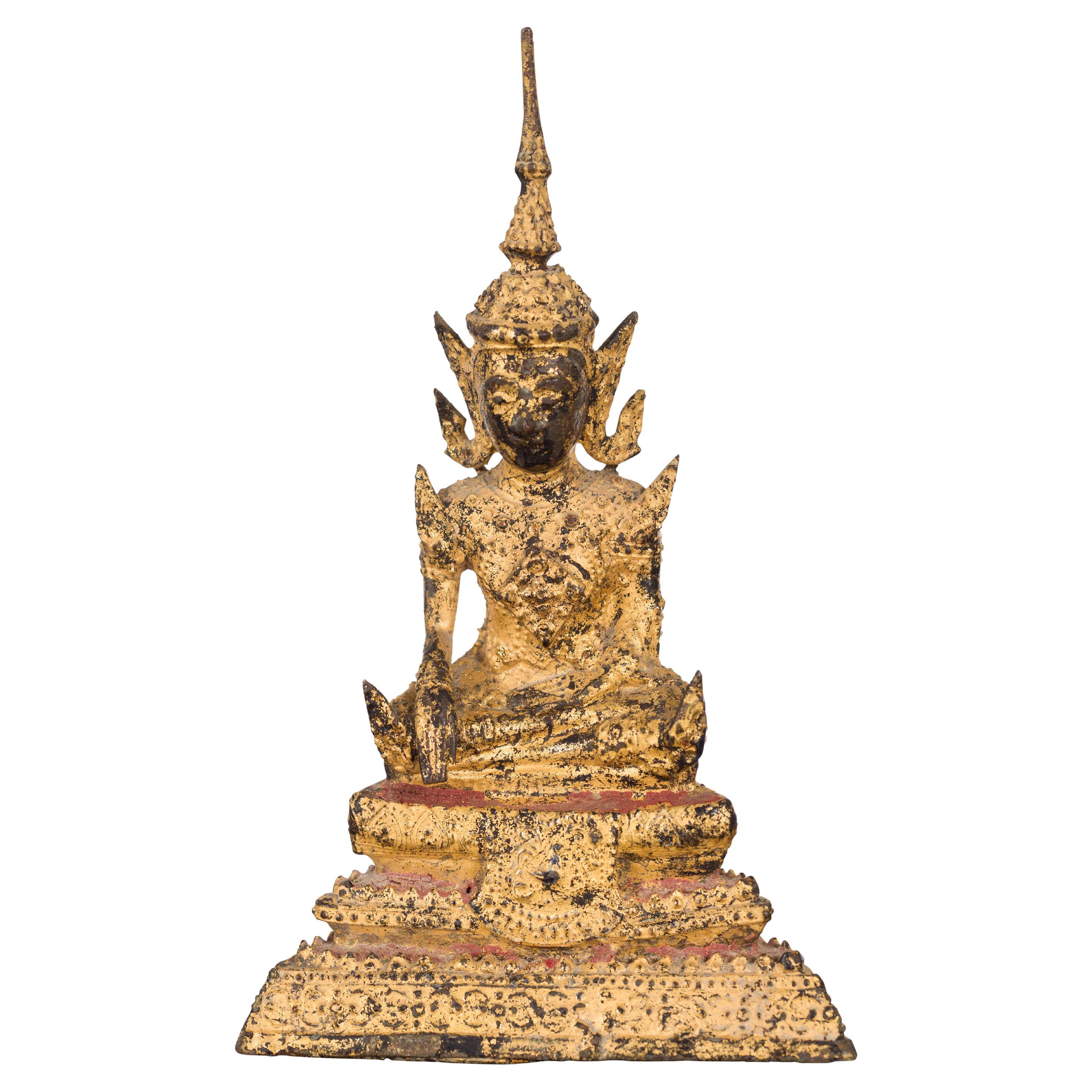 Petite Thai Rattanakosin Period Bronze Buddha Sculpture in Bhumisparsha Mudra