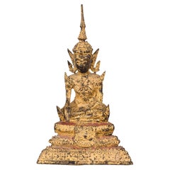 Antique Petite Thai Rattanakosin Period Bronze Buddha Sculpture in Bhumisparsha Mudra
