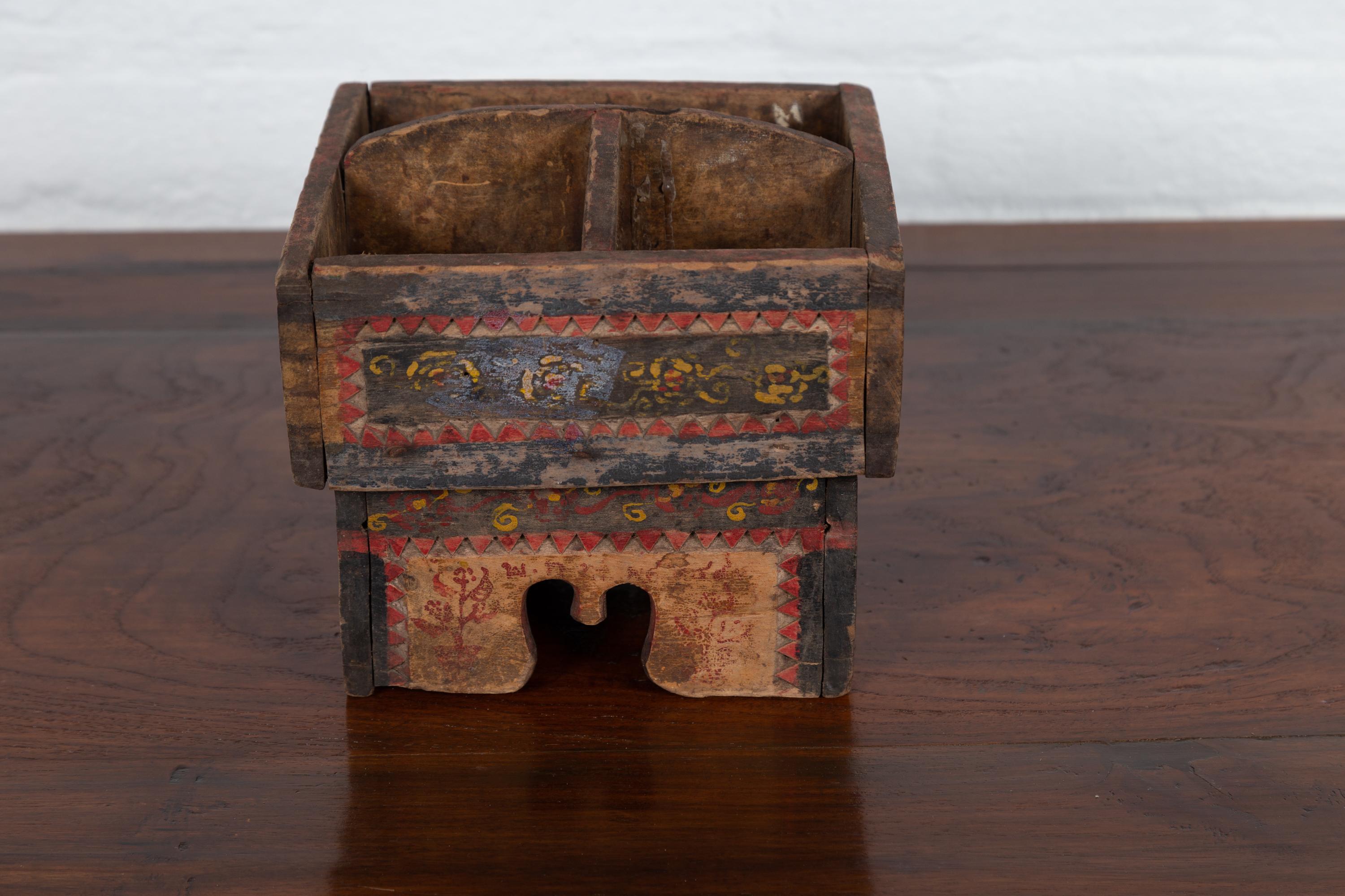 Petite Thai Rustic Betel Nut Box with Weathered Patina and Painted Décor In Good Condition In Yonkers, NY