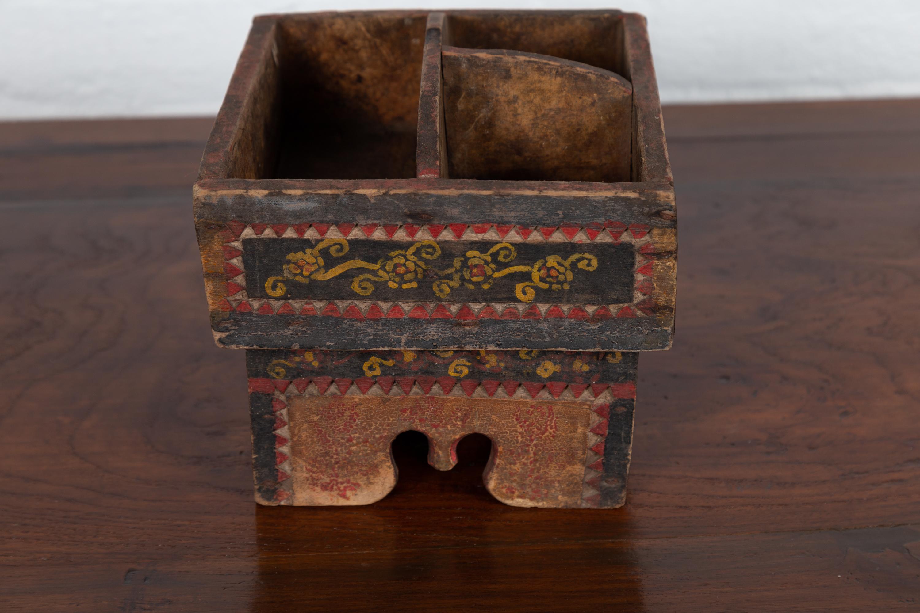 20th Century Petite Thai Rustic Betel Nut Box with Weathered Patina and Painted Décor