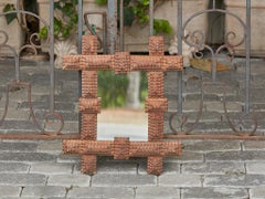 Petite Turn of the Century French Brown Tramp Art Mirror with Protruding Corners