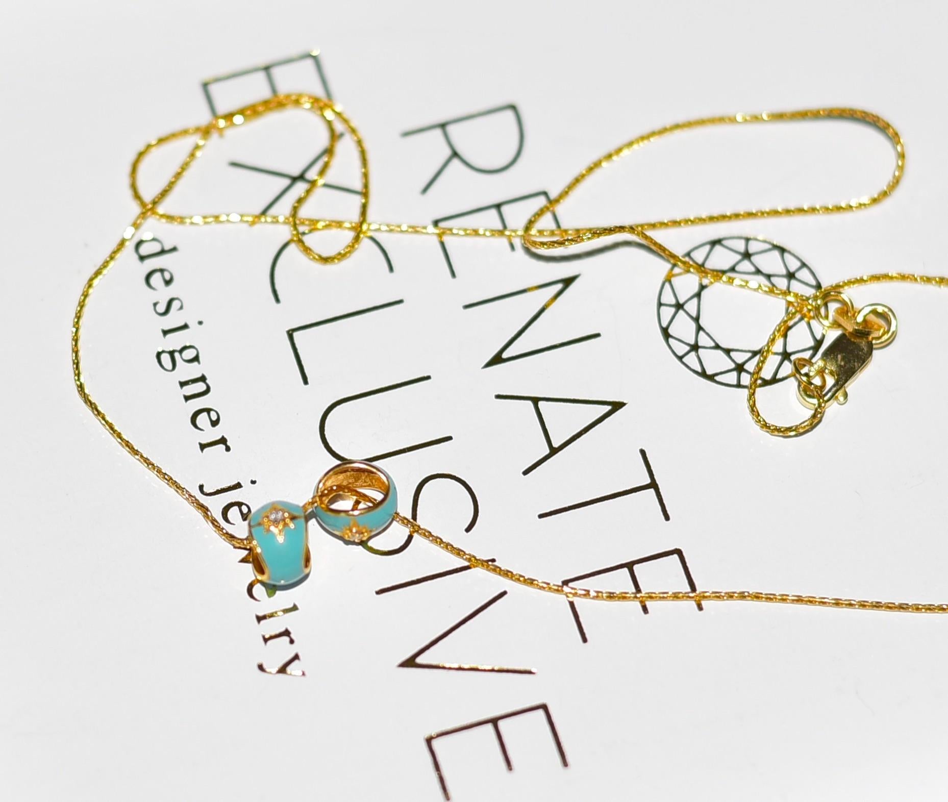 Kleine türkisblaue Emaille-Halskette mit Diamant-Akzenten aus 14 Karat massivem Gold (Moderne) im Angebot