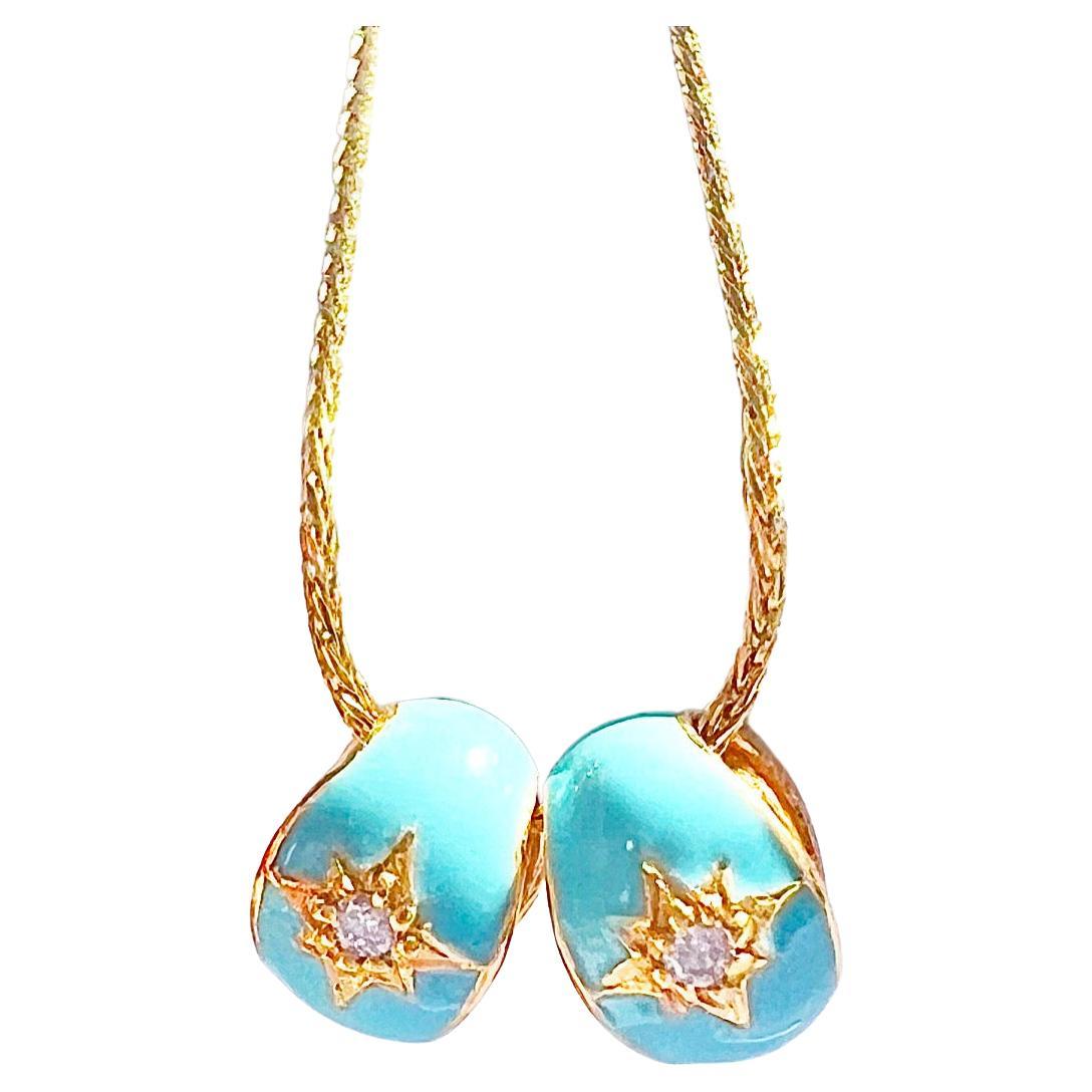 Petite Turquoise Blue Enamel Necklace with Diamond Accents in 14K Solid Gold For Sale