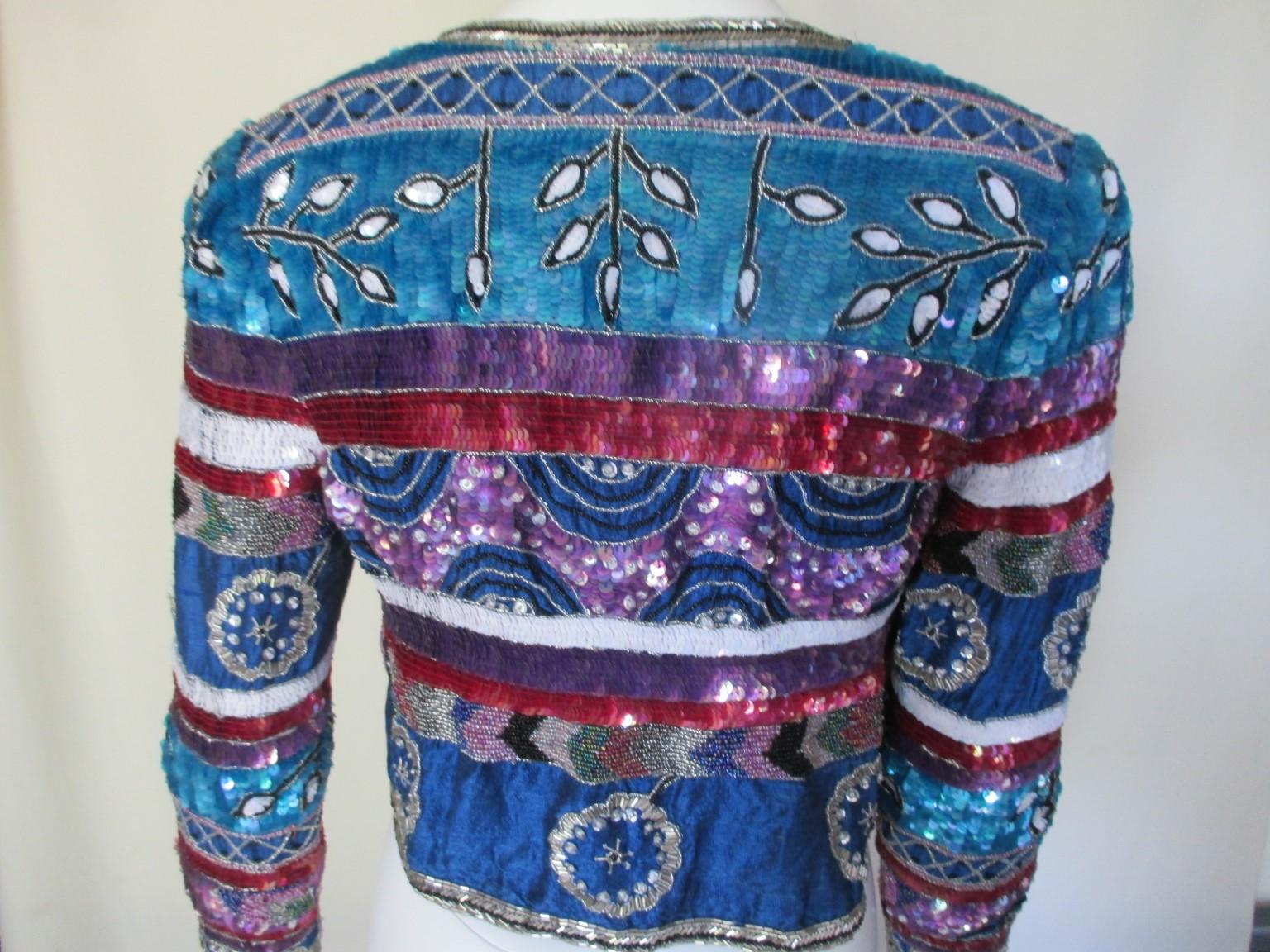 Black Petite Turquoise Silver Sequin Silk Jacket For Sale