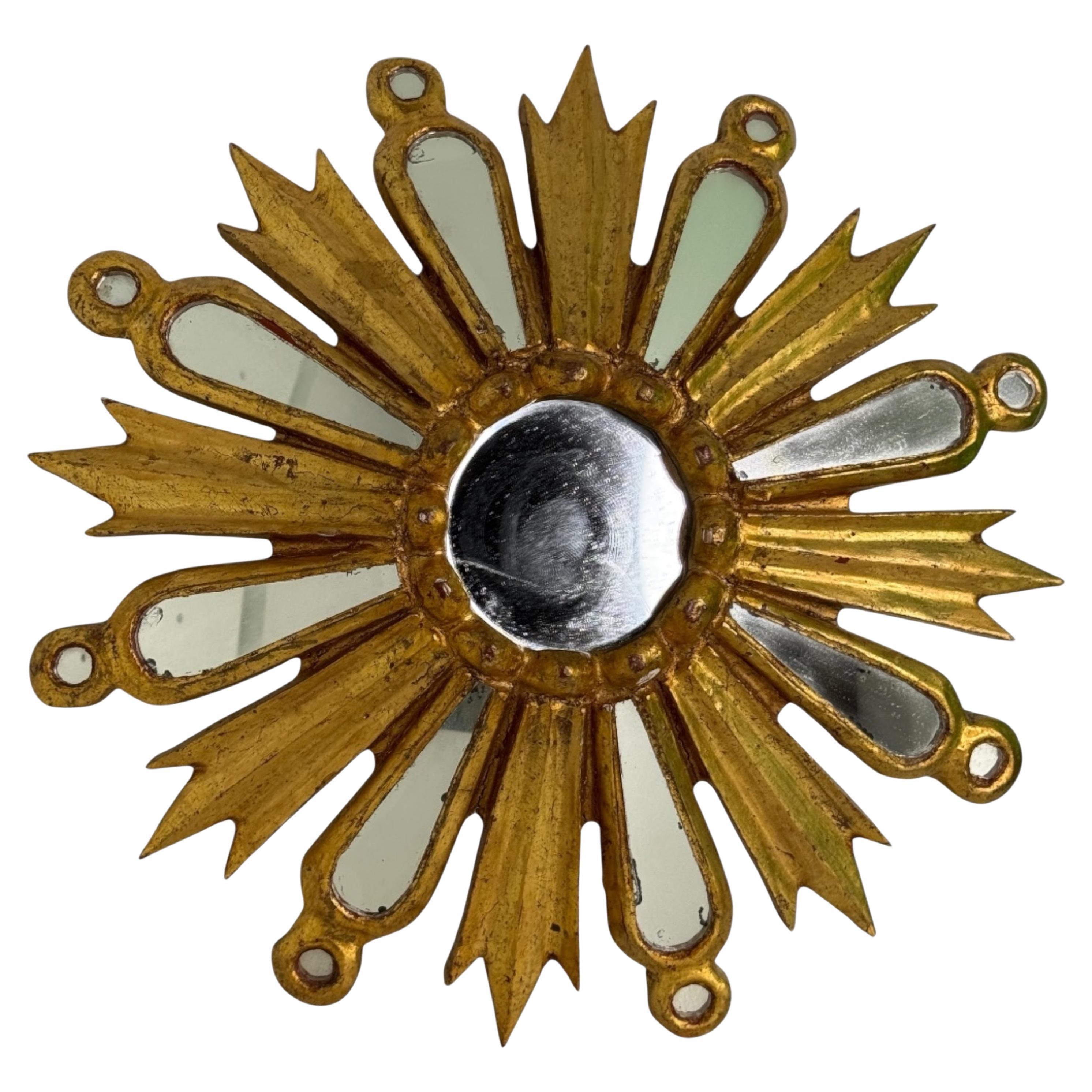Petite unusual Starburst Sunburst Gilded Wood Mirror, Germany circa 1950s For Sale