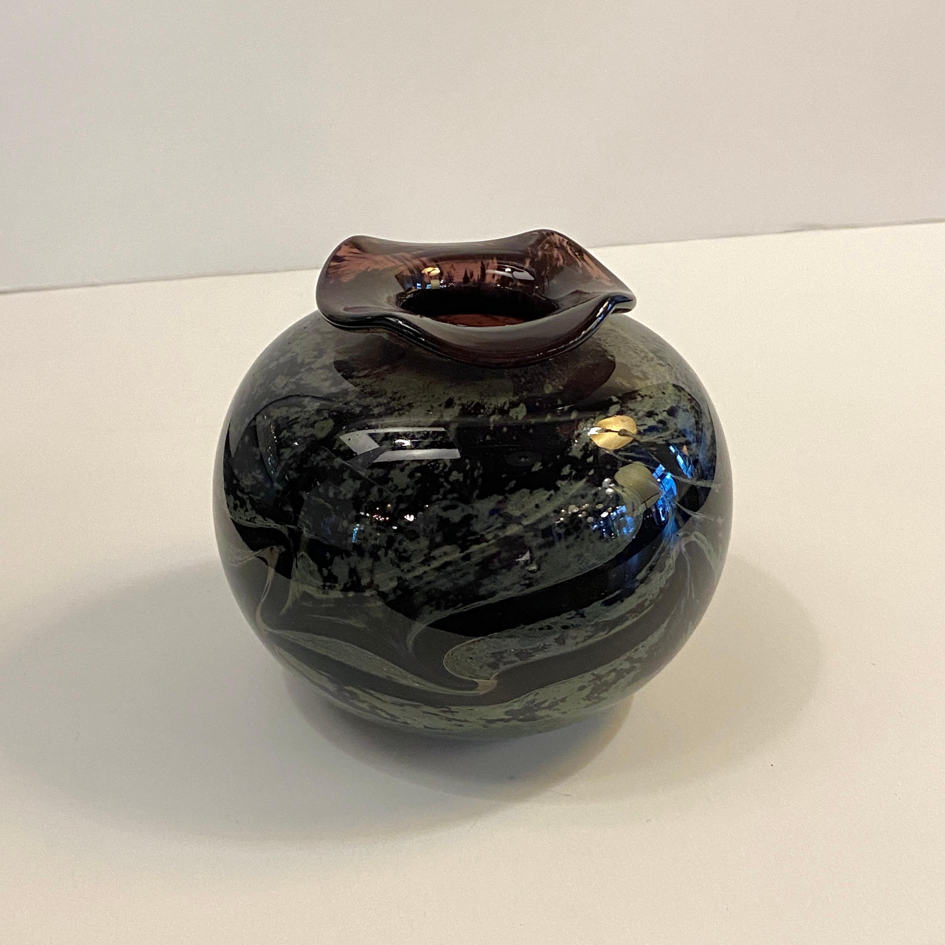 Late 20th Century Petite Variegated Hand-Blown Art Glass Vase For Sale