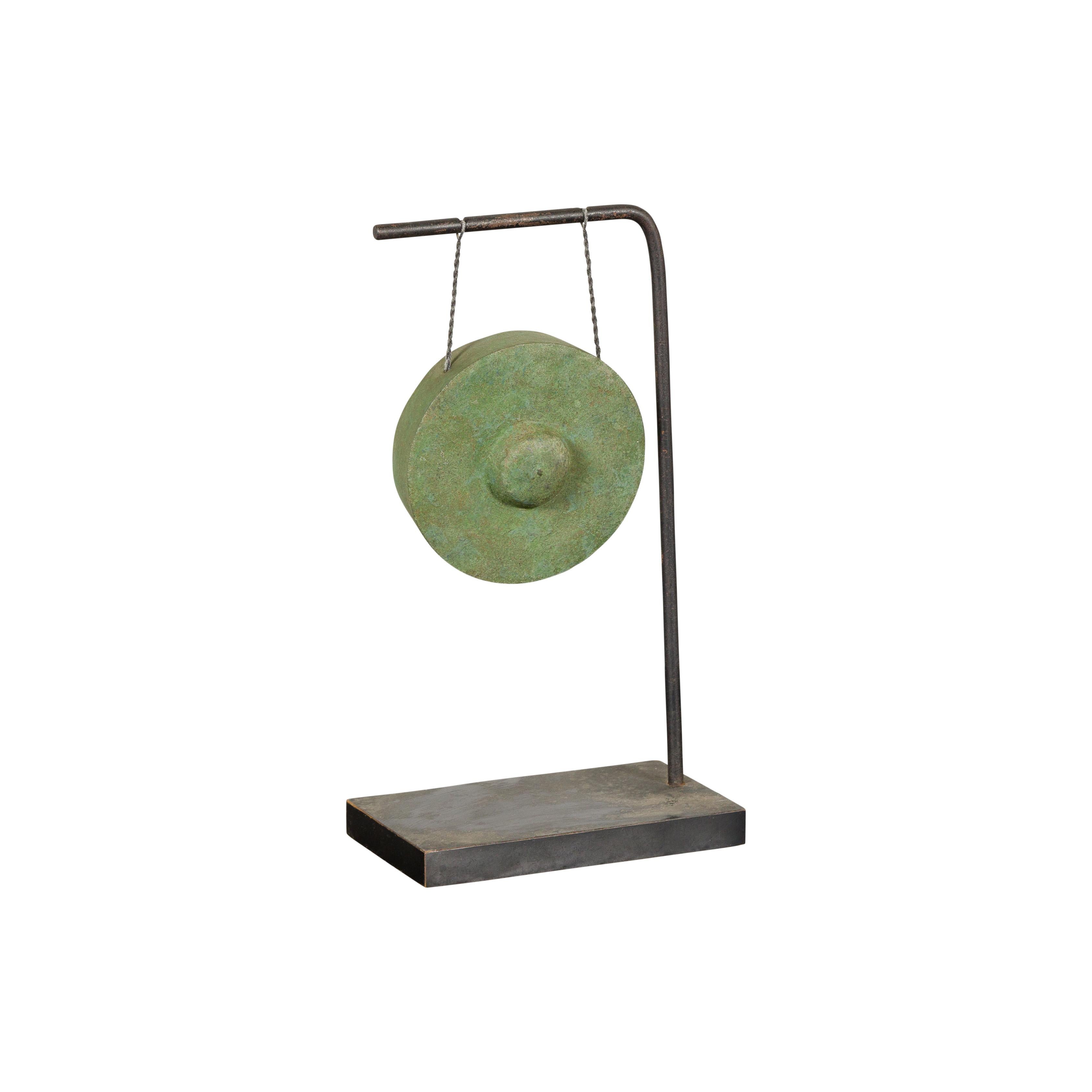 Petite Verdigris Bronze Gong Mounted on Custom Black Metal Base For Sale 6