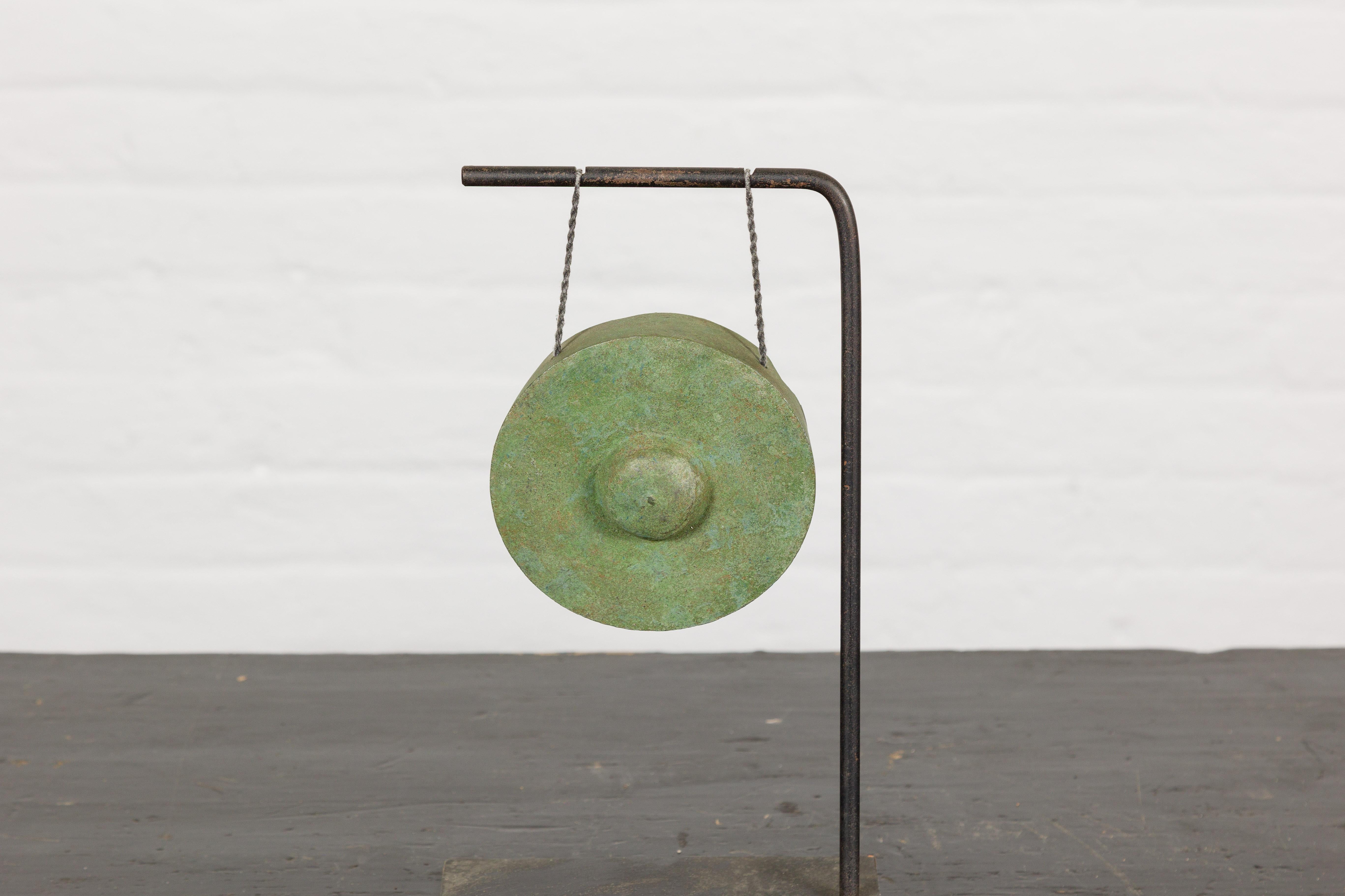 Petite Verdigris Bronze Gong Mounted on Custom Black Metal Base In Good Condition For Sale In Yonkers, NY