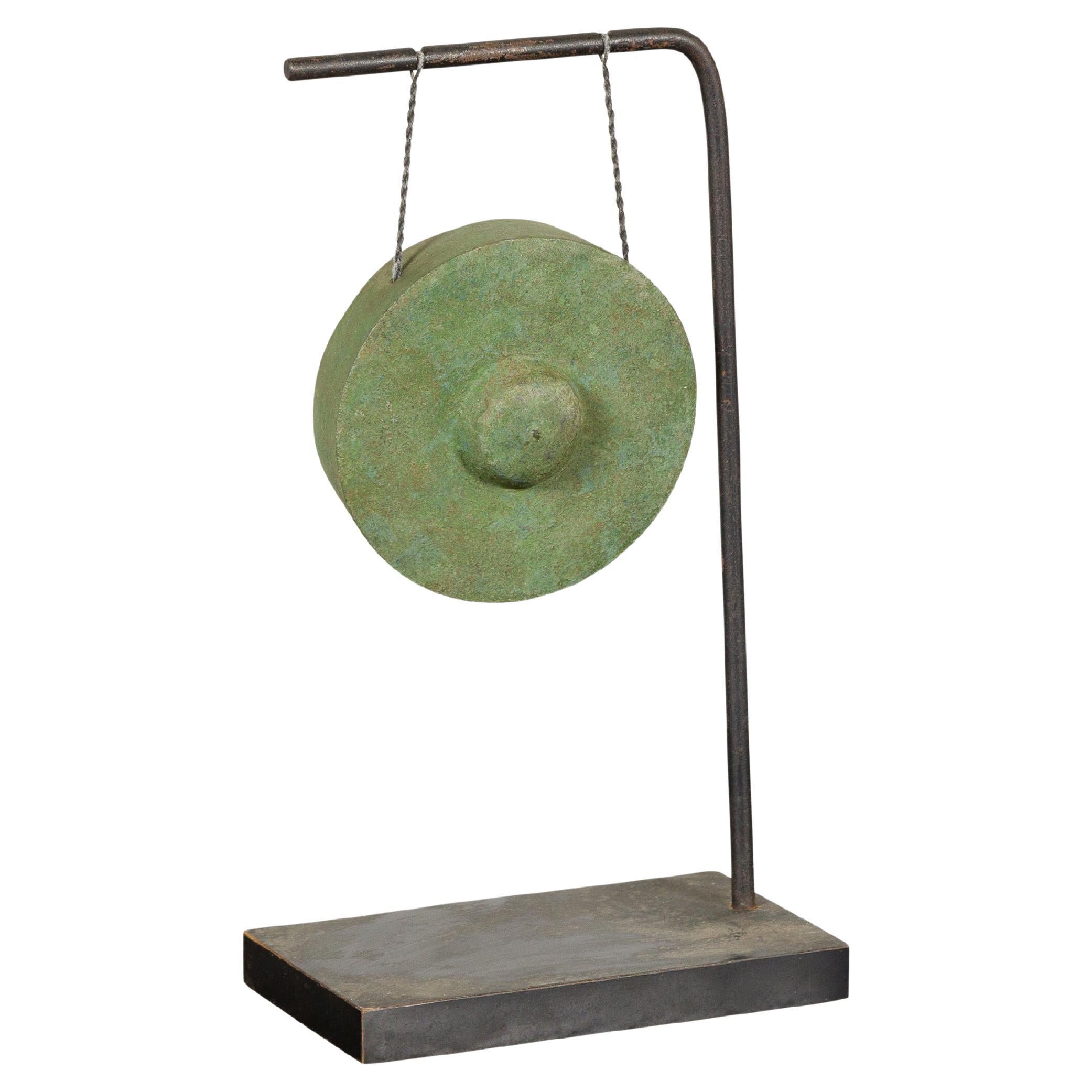 Petite Verdigris Bronze Gong Mounted on Custom Black Metal Base For Sale