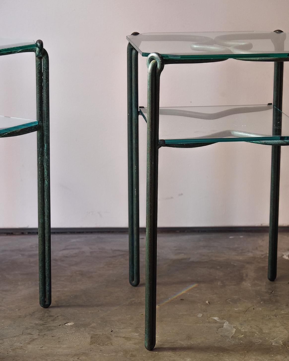 Petites tables d'appoint en fer et verre vert-de-gris
1980s