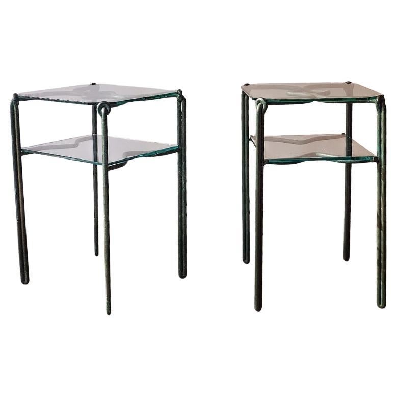 Petite Beistelltische aus Verdigris-Eisen und Glas