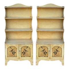 Petite Victorian Style Chinoiserie Bookcases W/ Hand Painted Bird Doors -Pair