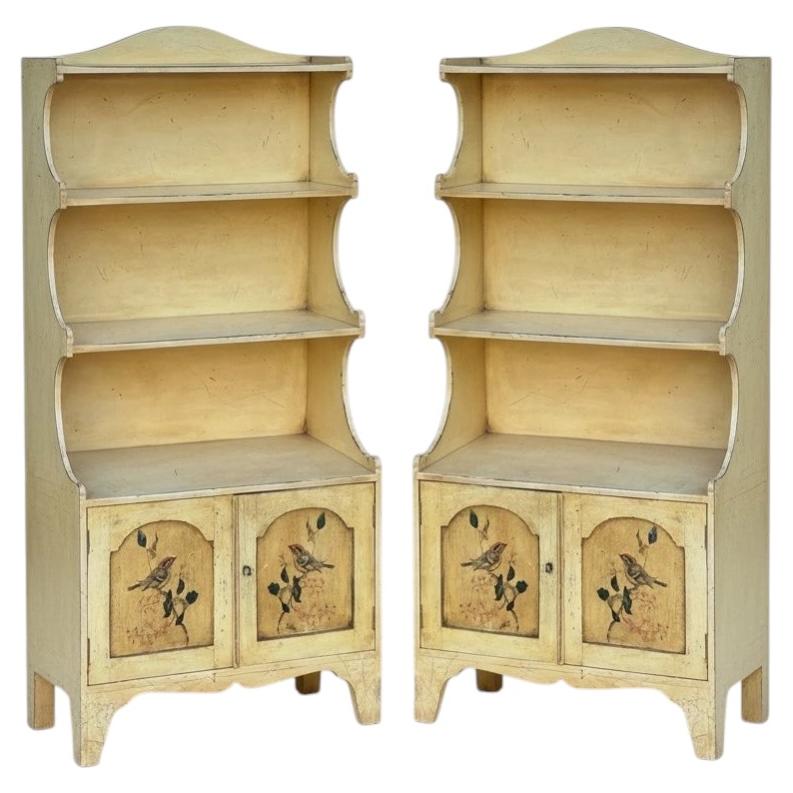Petite Victorian Style Chinoiserie Bookcases W/ Hand Painted Bird Doors -Pair