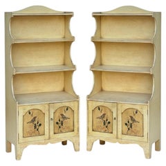 Petite Victorian Style Chinoiserie Bookcases W/ Hand Painted Bird Doors -Pair