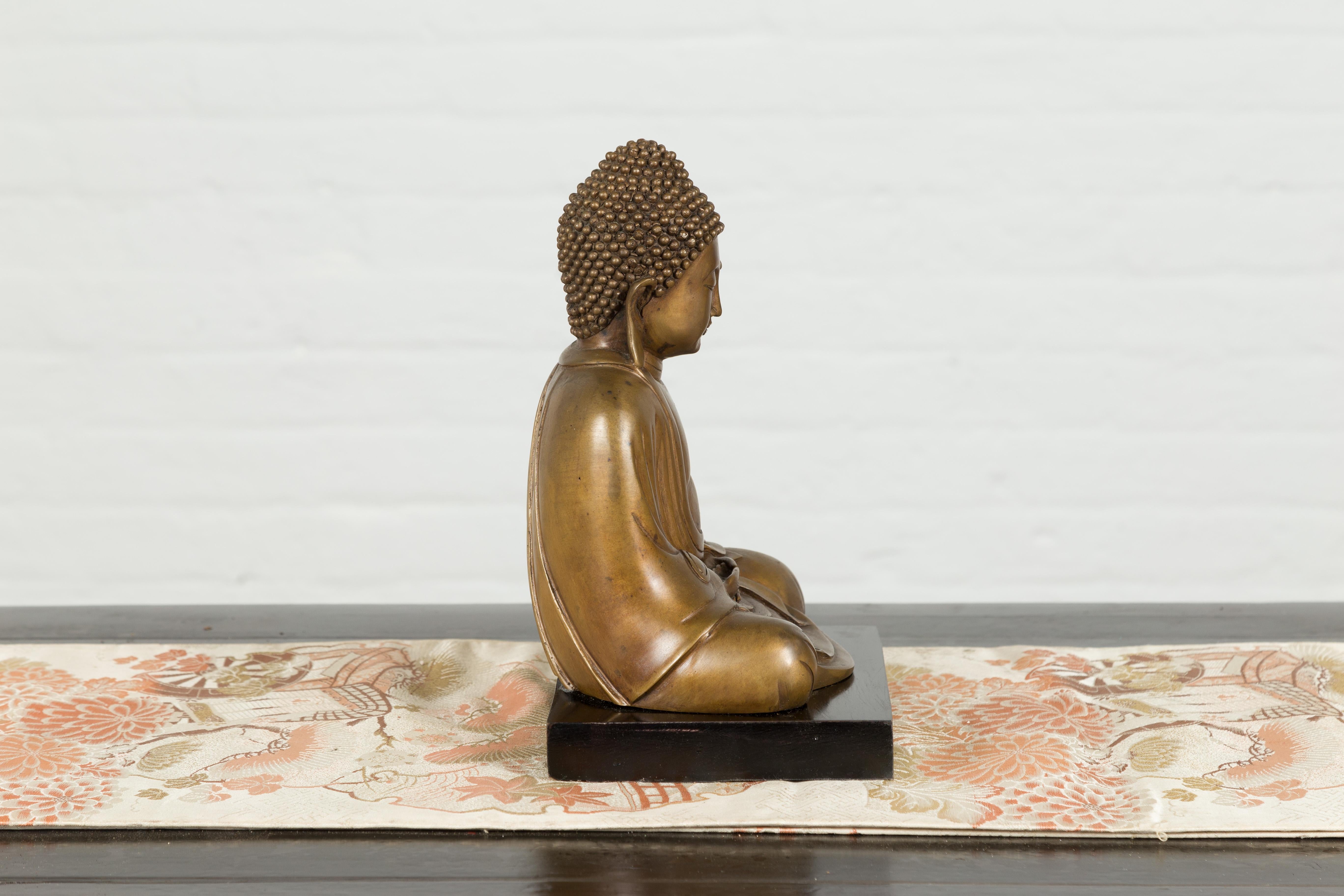 Petite Vintage Bronze Thai Dhyana Mudra Buddha Sculpture on Black Base 6