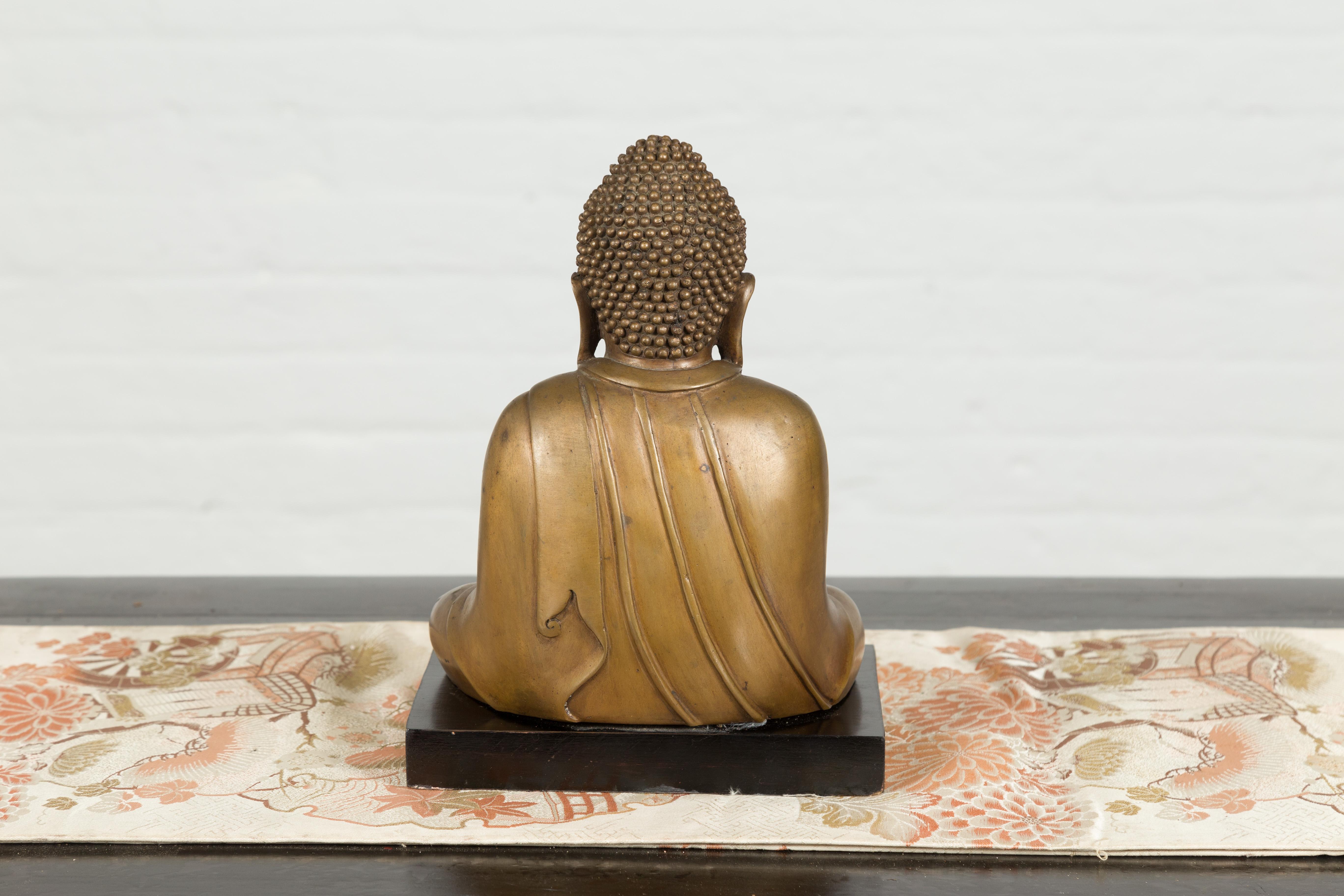 Petite Vintage Bronze Thai Dhyana Mudra Buddha Sculpture on Black Base 7