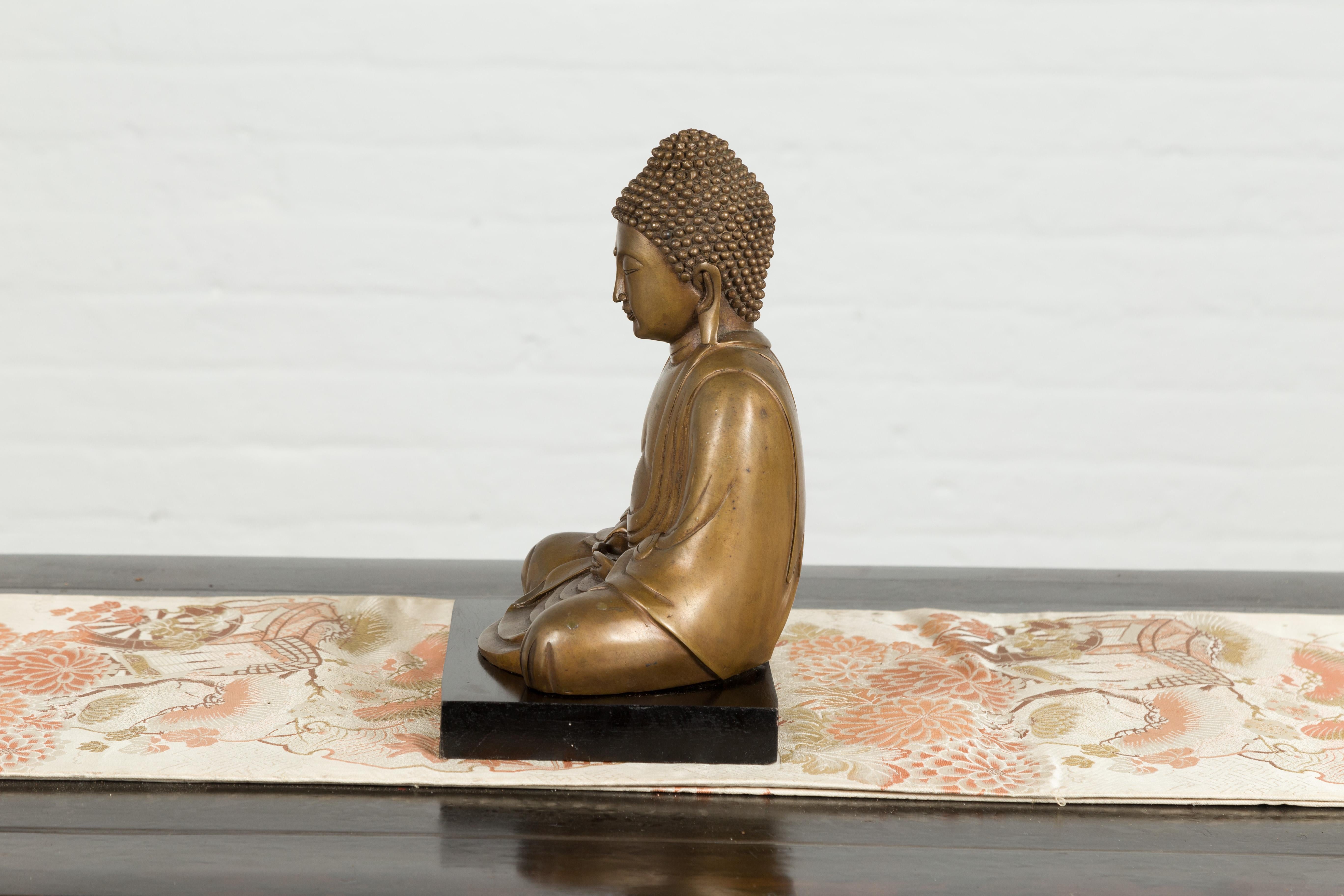 Petite Vintage Bronze Thai Dhyana Mudra Buddha Sculpture on Black Base 8