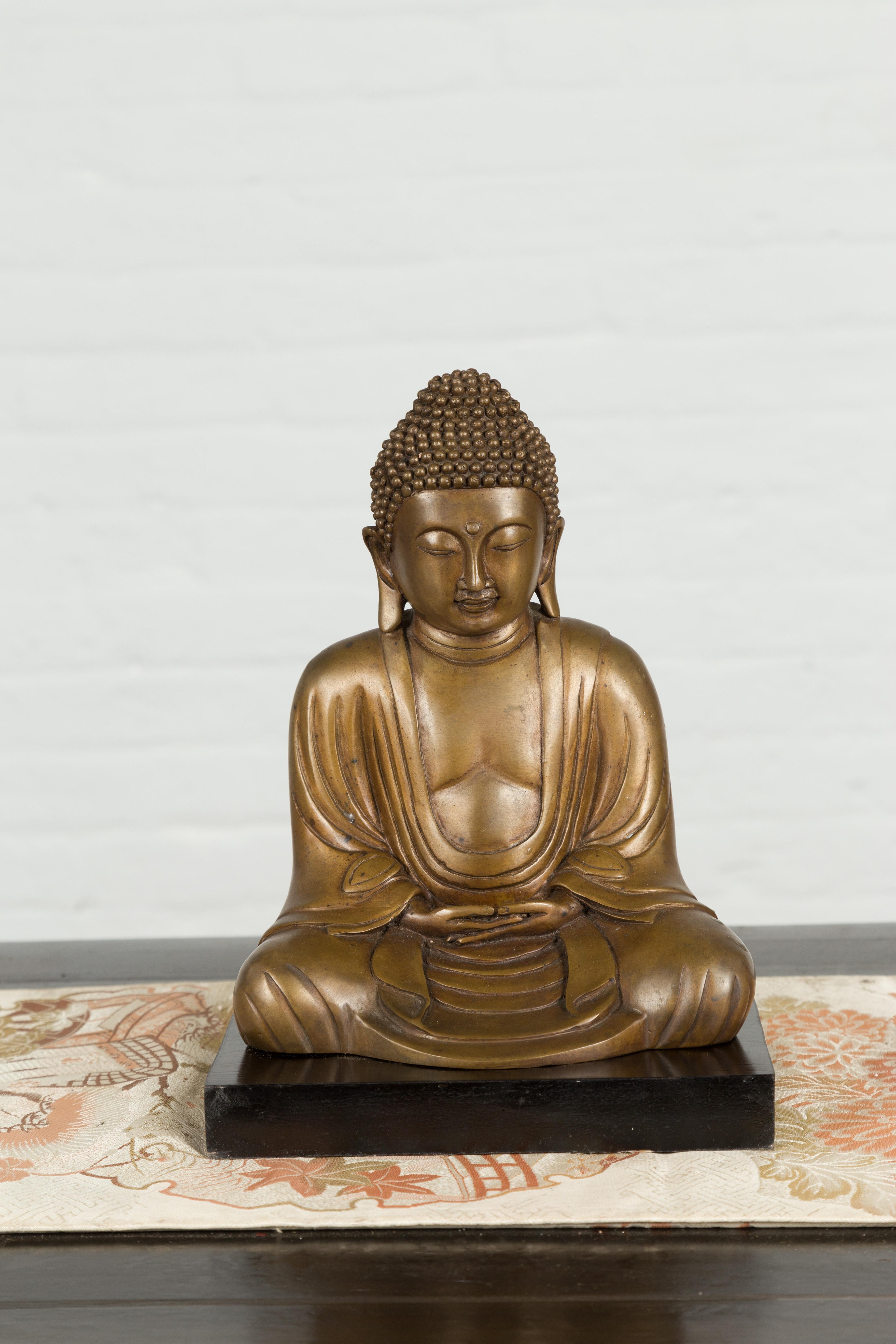 Petite Vintage Bronze Thai Dhyana Mudra Buddha Sculpture on Black Base 2