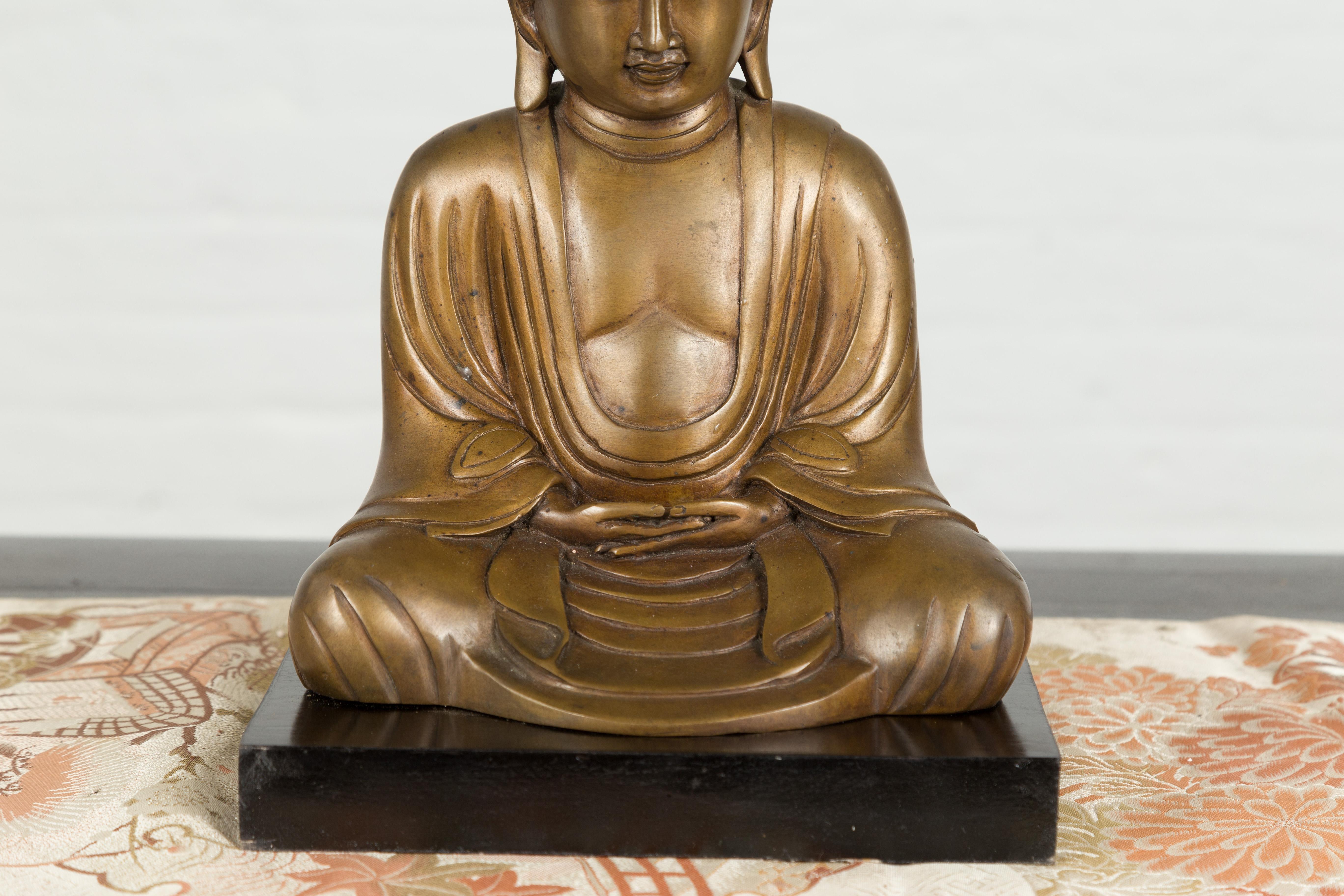 Petite Vintage Bronze Thai Dhyana Mudra Buddha Sculpture on Black Base 4