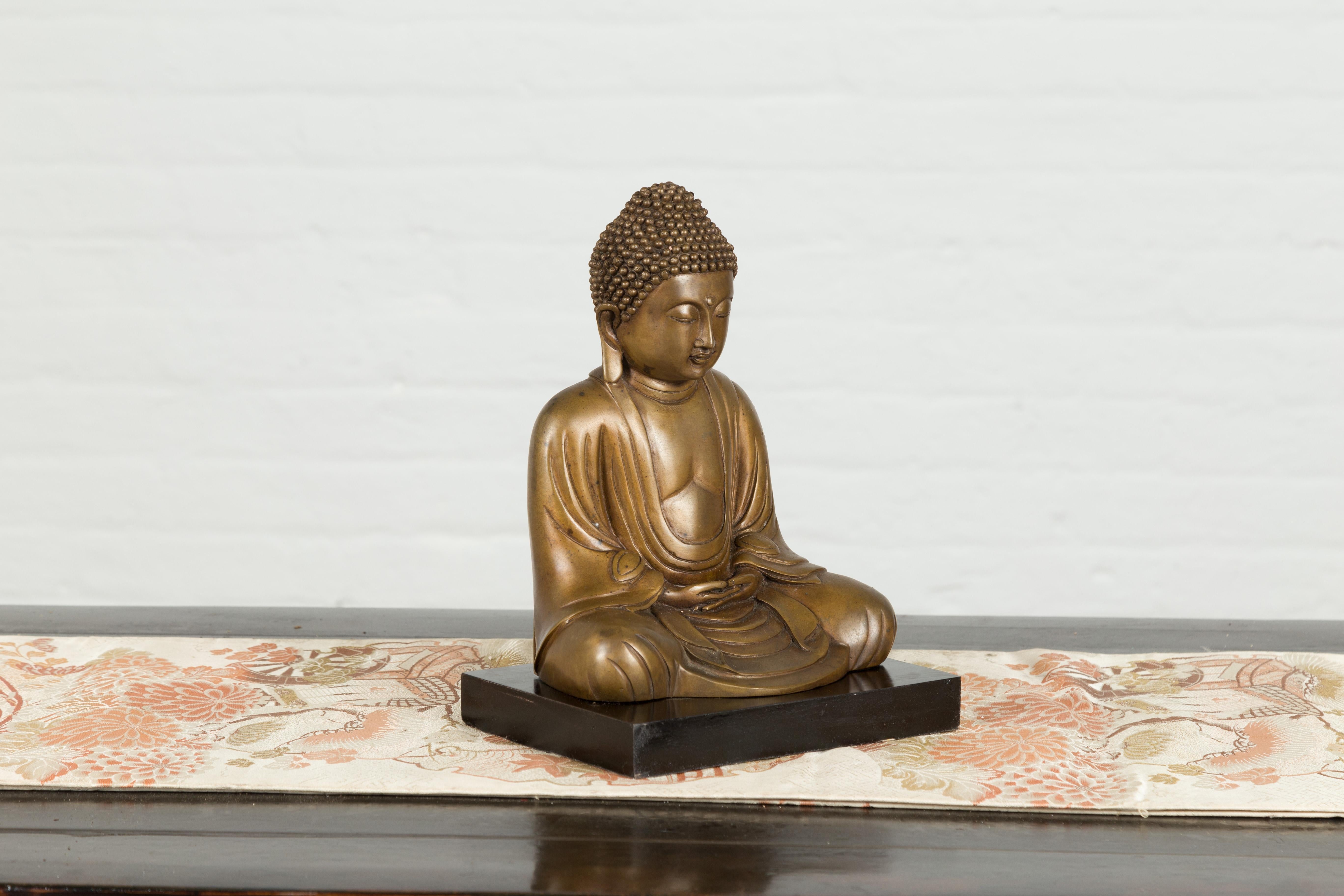 Petite Vintage Bronze Thai Dhyana Mudra Buddha Sculpture on Black Base 5