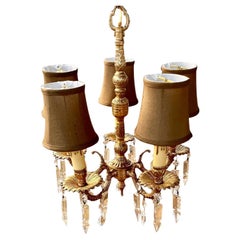 Petite Vintage Cast Brass Five Light Chandelier With Silk Shades