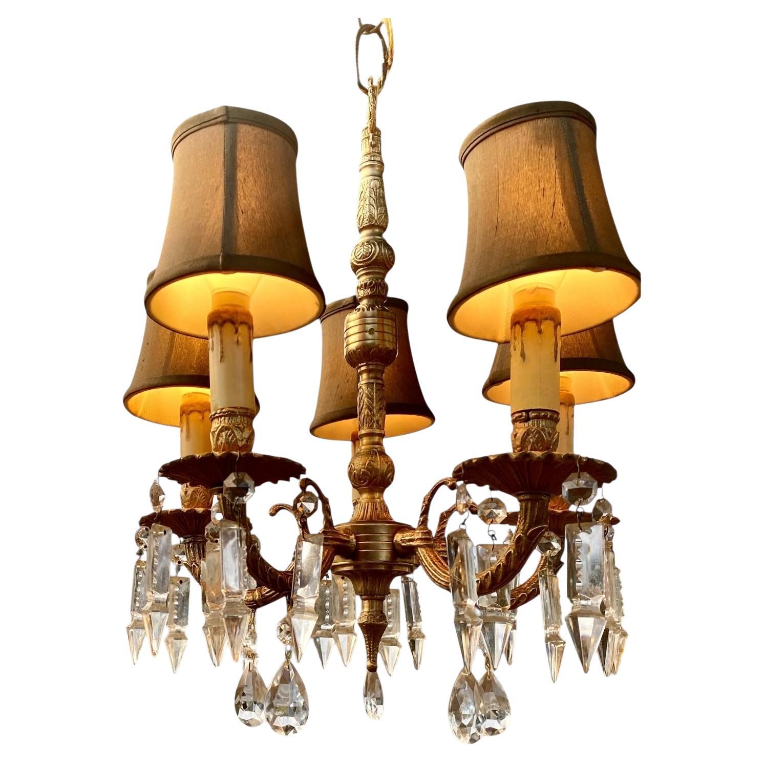 Petite Vintage Cast Brass Five Light Chandelier With Silk Shades