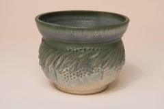 Petite Vintage Green and Blue Incised Ceramic Planter Vase by Deanna Nichols