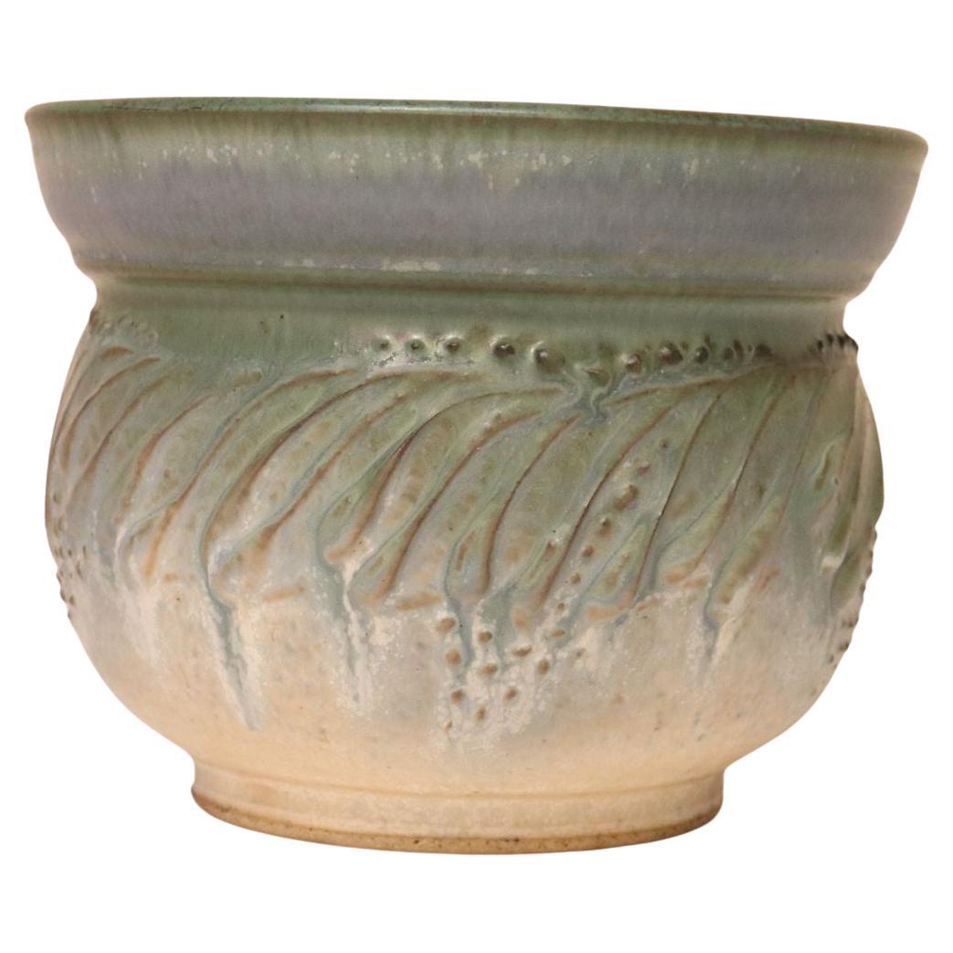 Petite Vintage Green and Blue Incised Ceramic Planter Vase by Deanna Nichols