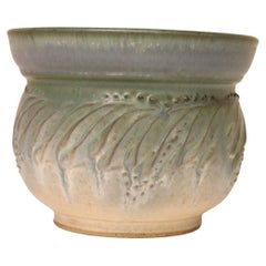 Petite Vintage Green and Blue Incised Ceramic Planter Vase by Deanna Nichols