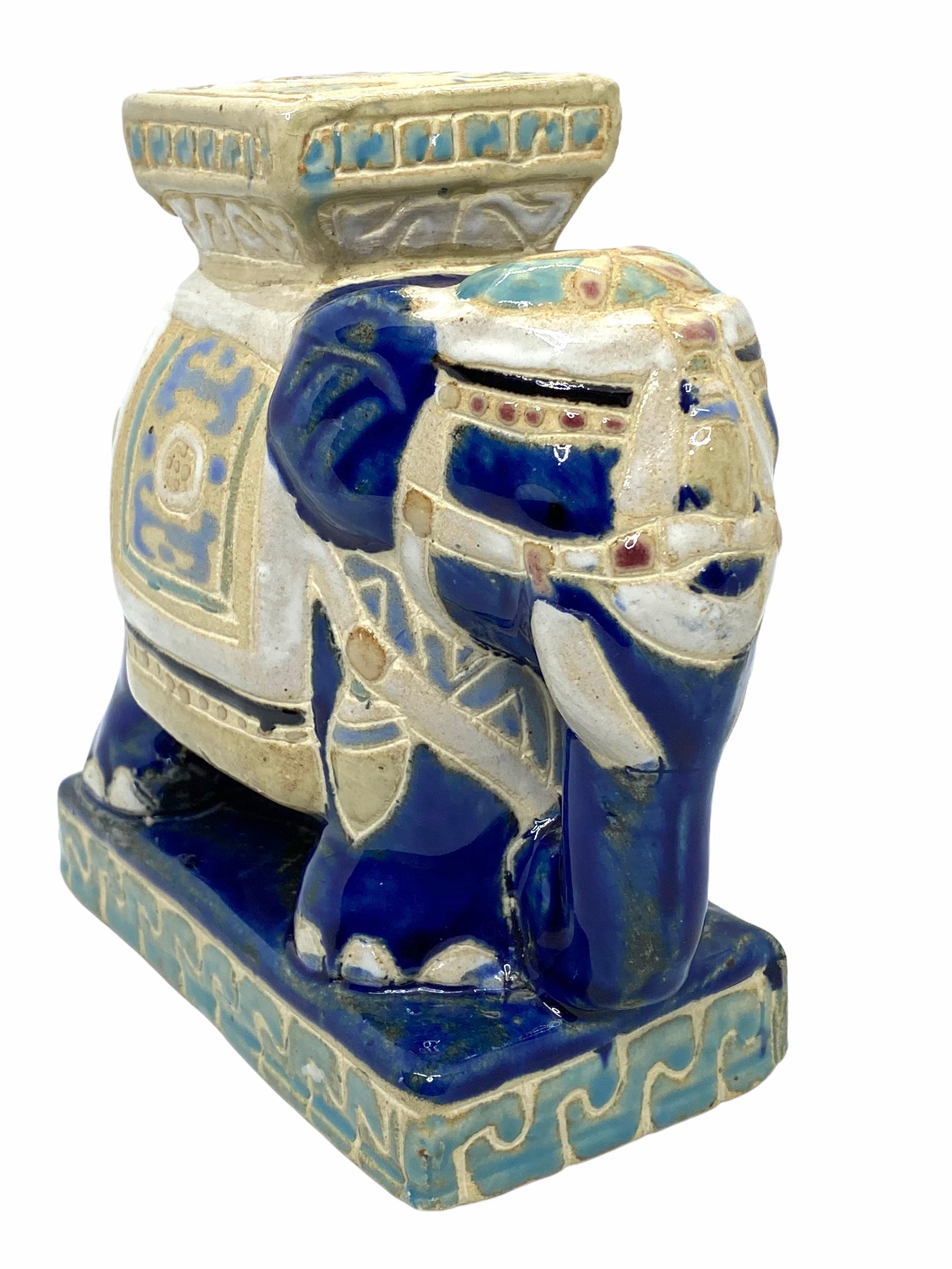 German Petite Vintage Hollywood Regency Chinese Blue Elephant Stool Plant Stand or Seat For Sale