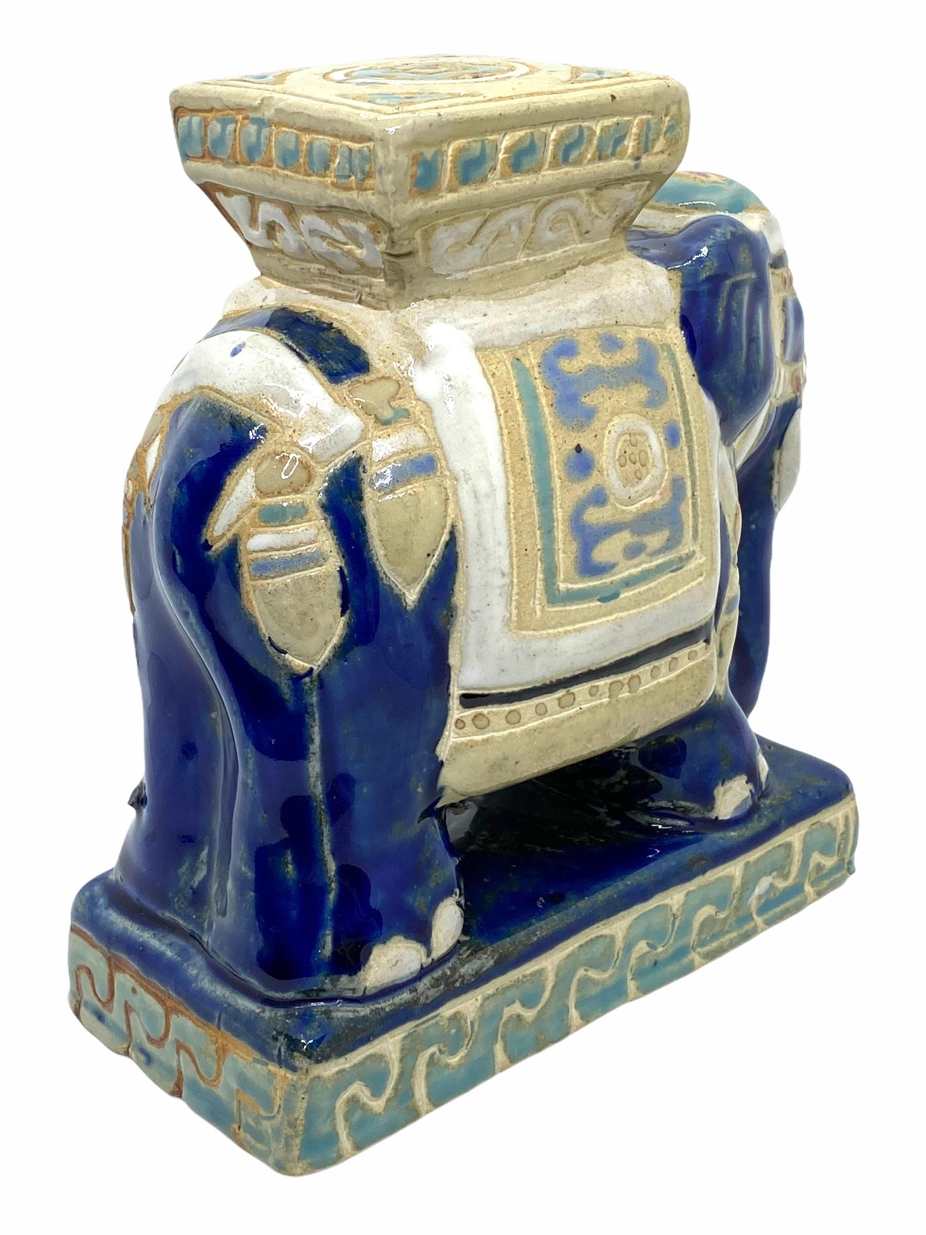 Ceramic Petite Vintage Hollywood Regency Chinese Blue Elephant Stool Plant Stand or Seat For Sale